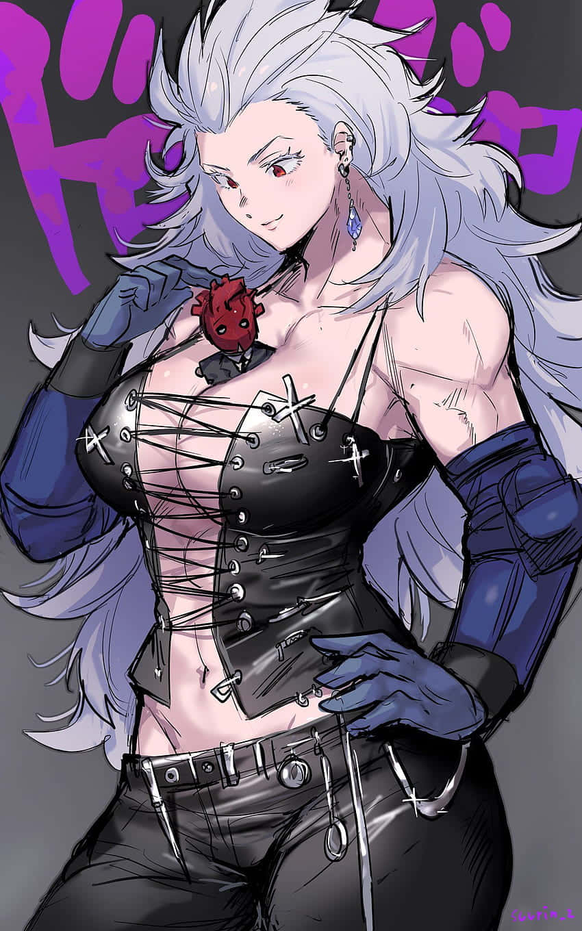 dorohedoro 桌布 壁紙 — 一位銀髮動漫女性穿著黑色蕾絲緊身胸衣和藍色手套，在紫色塗鴉背景前自信地擺姿勢。