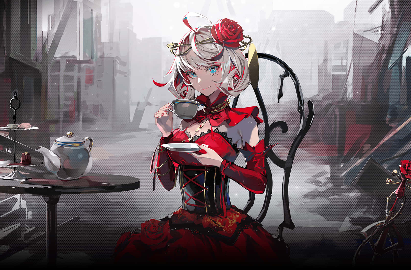 games 桌布 壁紙 — 一位銀髮動漫少女穿著紅色哥德式連衣裙，戴著玫瑰冠冕，在霧氣瀰漫的城市咖啡館裡喝茶。