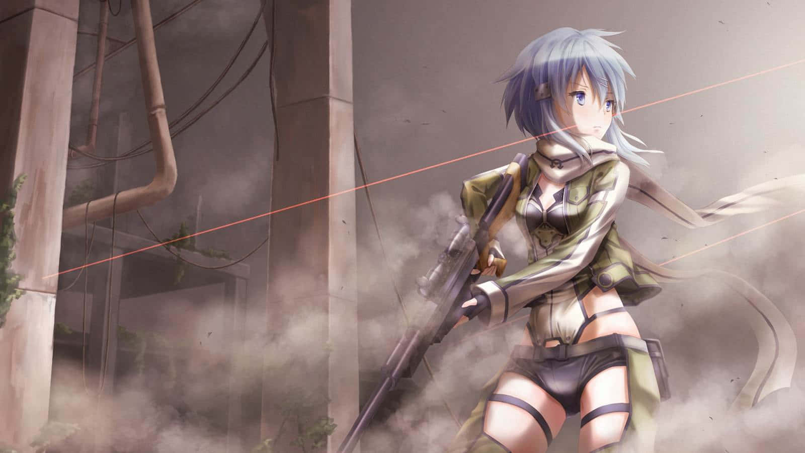 Sinon 桌布 壁紙 — 一位銀髮動漫少女身穿戰鬥裝備，在塵土飛揚的廢墟中瞄準步槍，雷射光束劃破空氣。