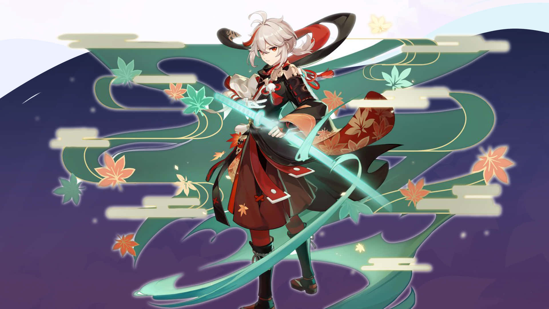 電玩遊戲 桌布 壁紙 — 一位銀髮動漫少女身穿紅黑和服，在旋轉的秋葉和風格化的雲朵中揮舞著發光的青色劍。