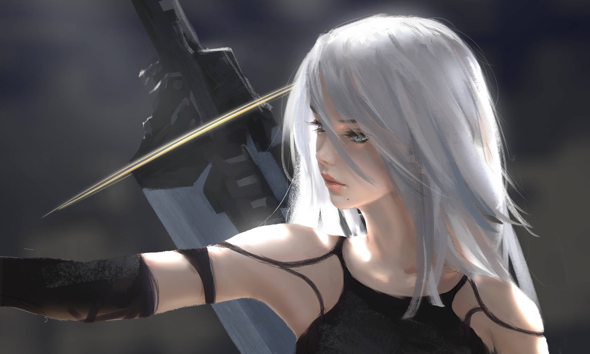 銀髮持發光劍的動漫戰士，身處黑暗環境 — 尼爾 自動人形 GIF 壁紙