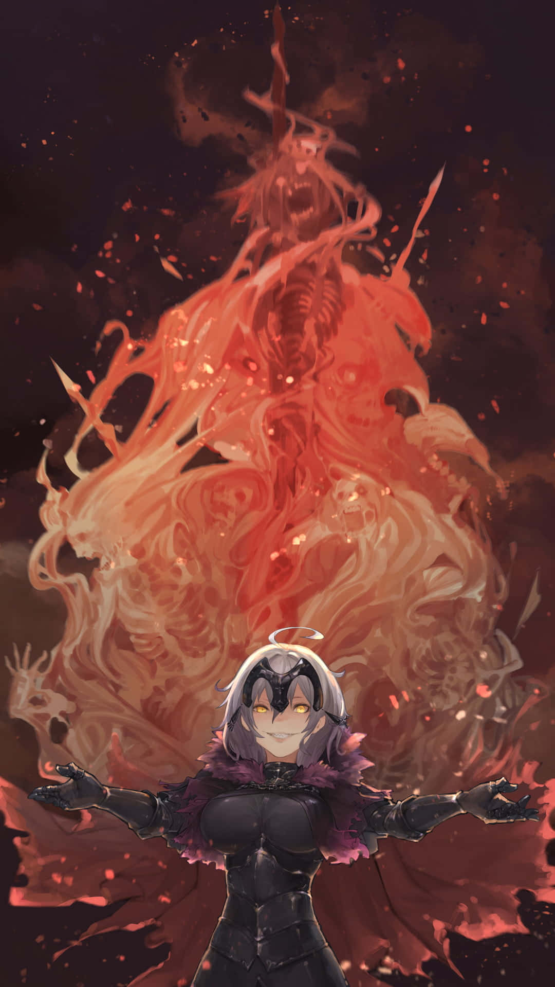 Fate/Grand Order 桌布 壁紙 — 一位銀髮動漫少女身穿黑色盔甲，站在一個高聳的火焰惡魔實體面前，該實體擁有發光的眼睛和尖銳的紅色火焰。