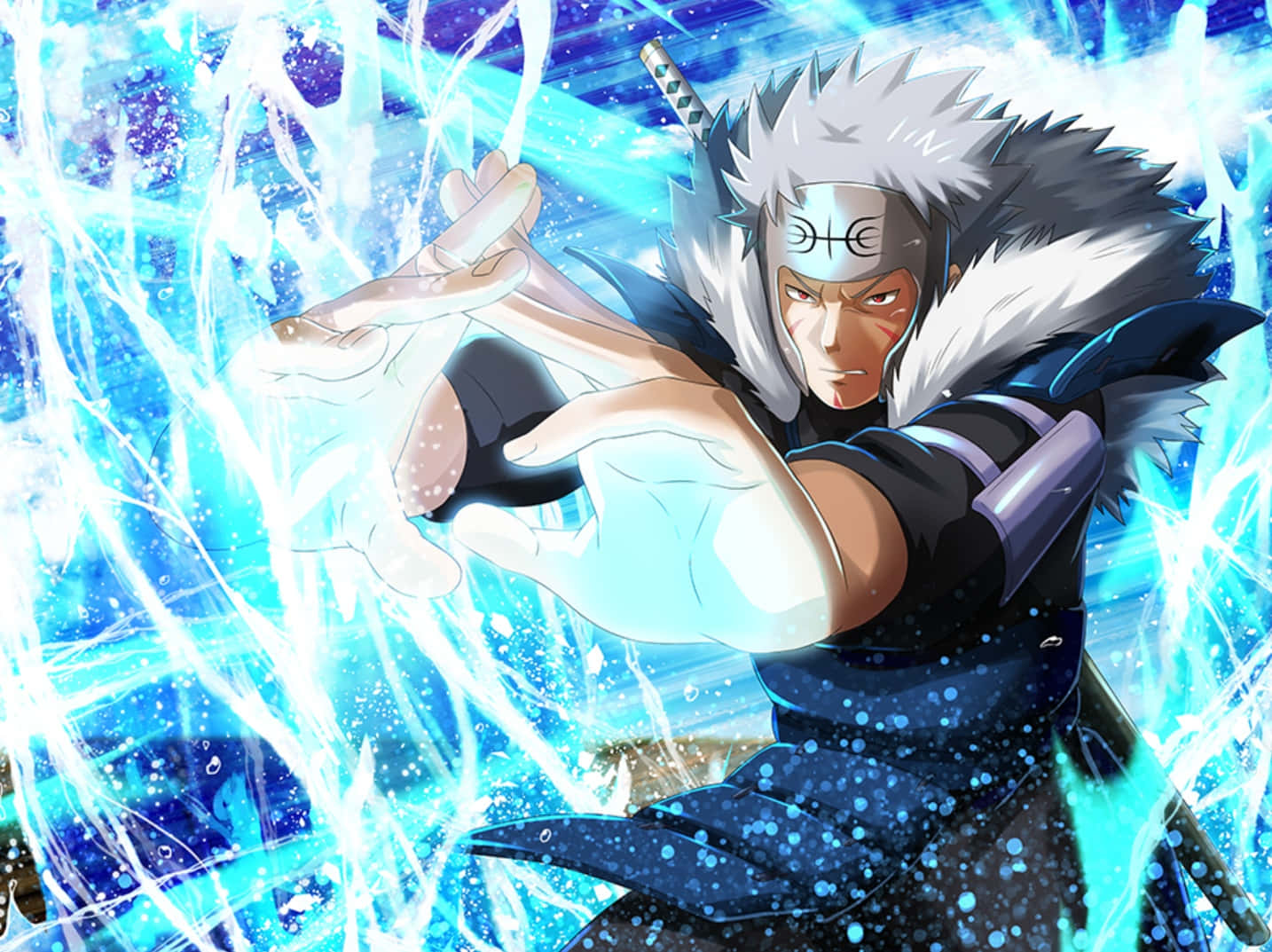 tobirama senju 桌布 壁紙 — 一位銀髮動漫忍者正以強烈的專注力引導發光的藍色查克拉，背景充滿動態能量。