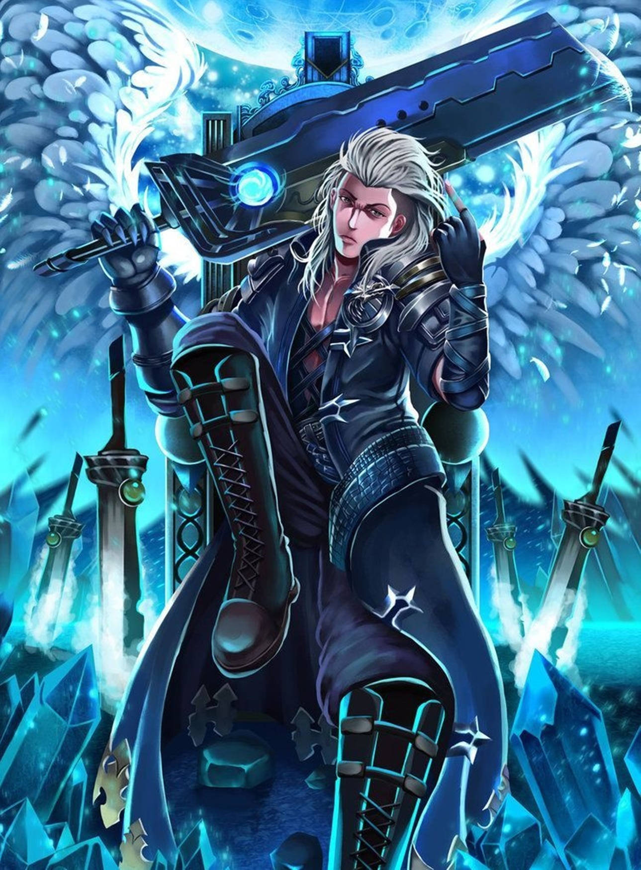 Mobile Legends 動態圖 桌布 壁紙 — 一位銀髮動漫戰士，擁有發光的藍色翅膀，在晶體廢墟中揮舞著巨大的未來主義劍，背景是燦爛的藍天。