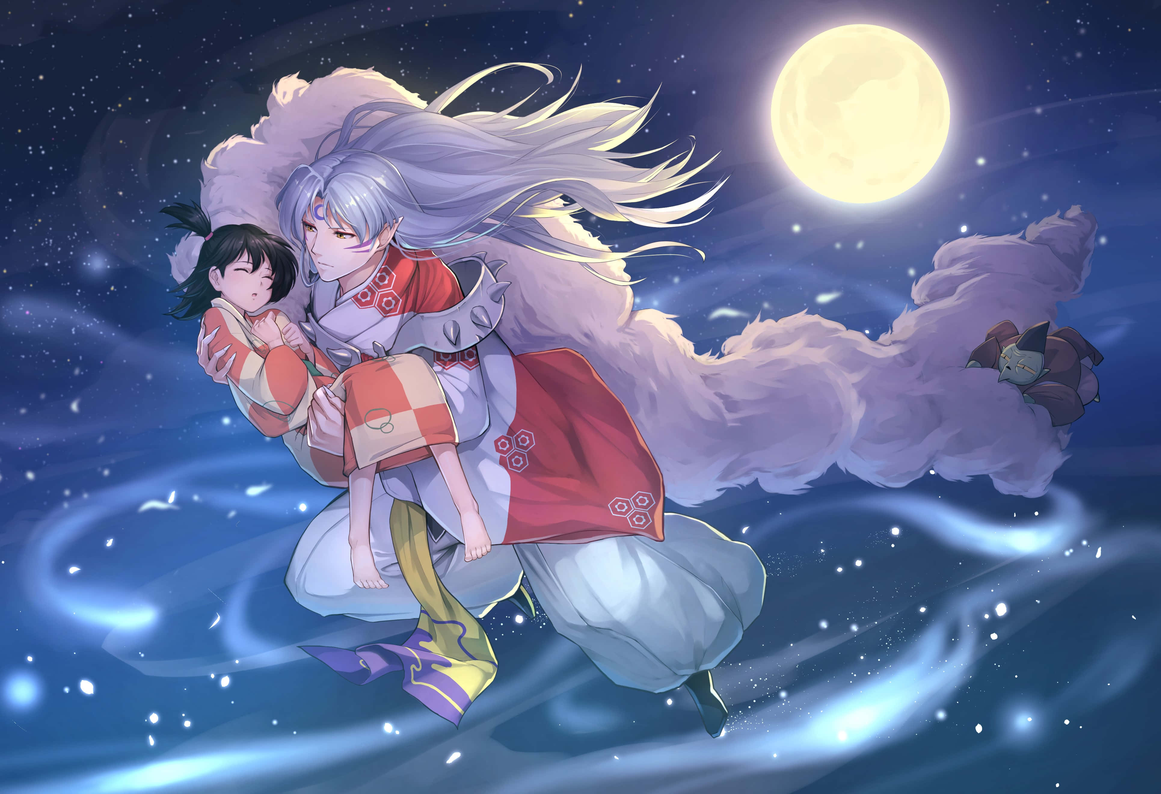 Inuyasha And Rin 桌布 壁紙 — 一位銀髮動漫戰士，擁有蓬鬆的白色尾巴，在閃爍的滿月下，抱著一個孩子飛過星空夜空。