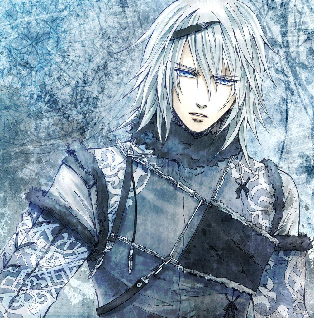 Nier 桌布 壁紙 — 一位銀髮動漫戰士，藍色眼睛，穿著華麗盔甲，背景是帶紋理的冰藍色。
