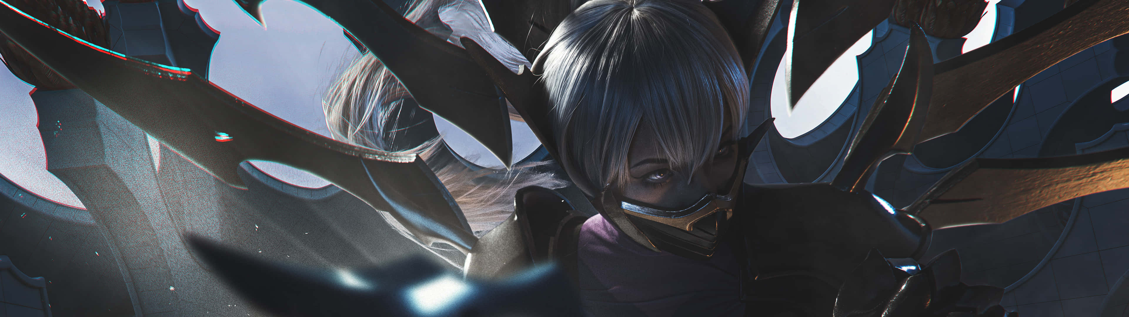 3840x1080 龍珠 桌布 壁紙 — 一位銀髮動漫戰士，身穿深色盔甲，帶有發光的藍色點綴，周圍環繞著鋒利的翼狀刀片。