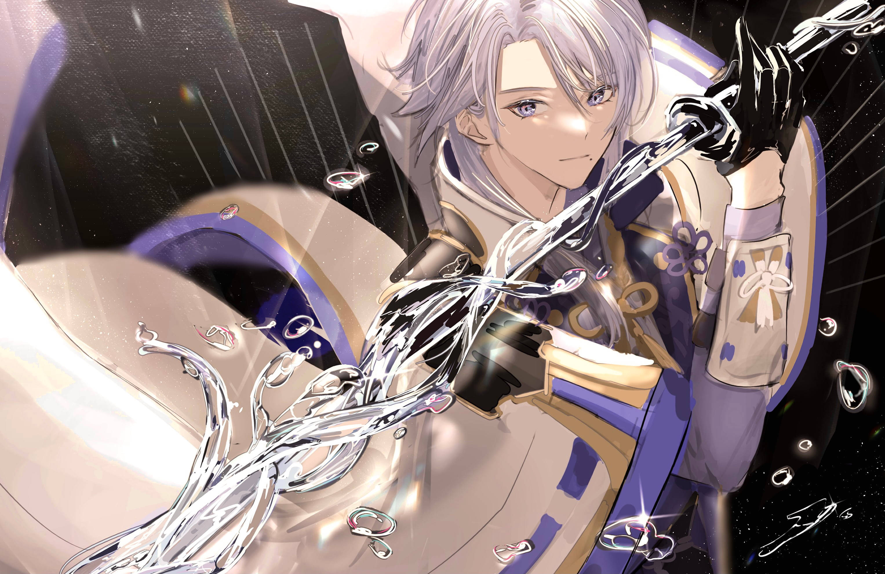 ayato 桌布 壁紙 — 一位銀髮動漫戰士在旋轉的水和星空中揮舞著發光的劍。