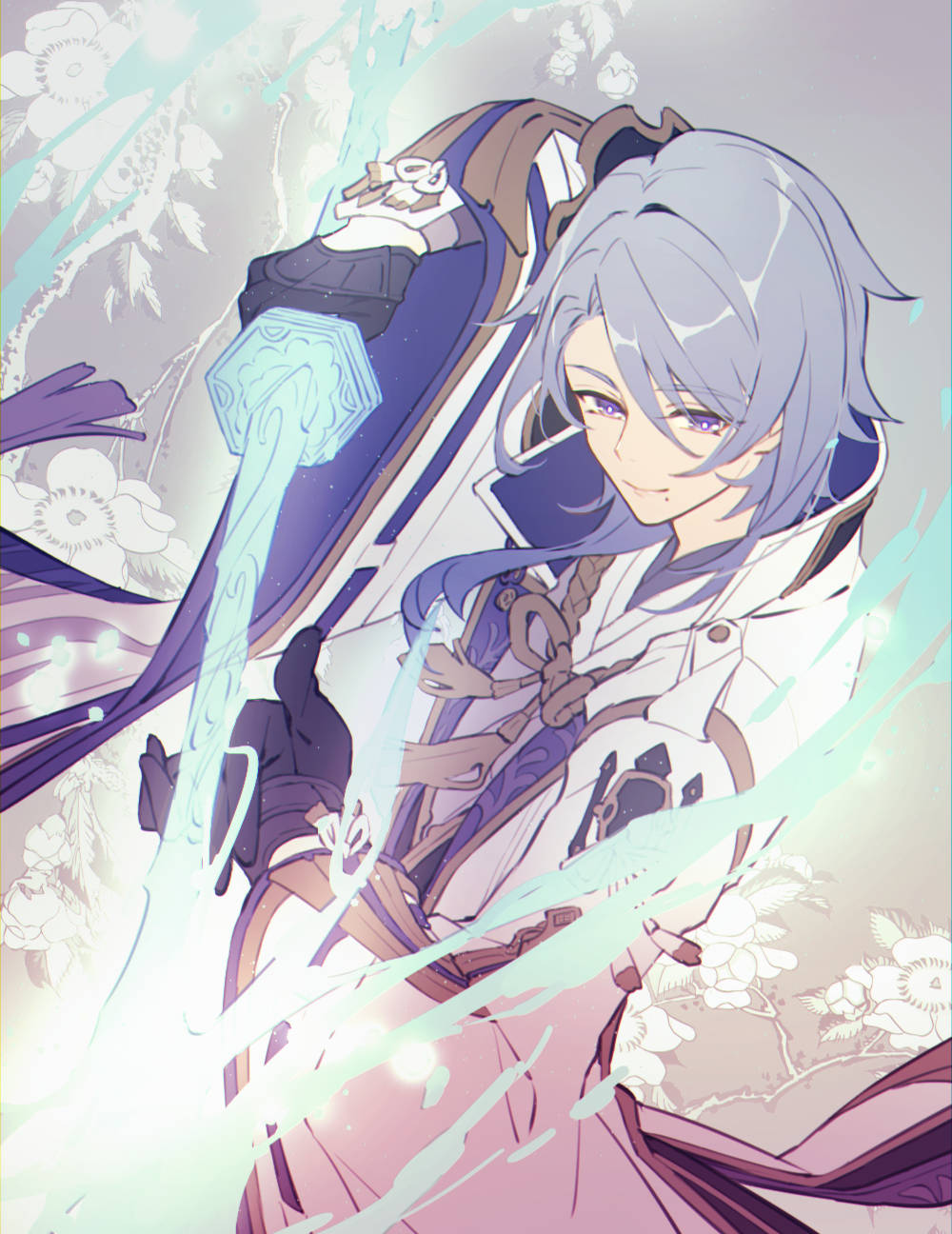 ayato 桌布 壁紙 — 一位銀髮動漫戰士在旋轉的花卉圖案和柔和光線中揮舞著發光的藍色劍。