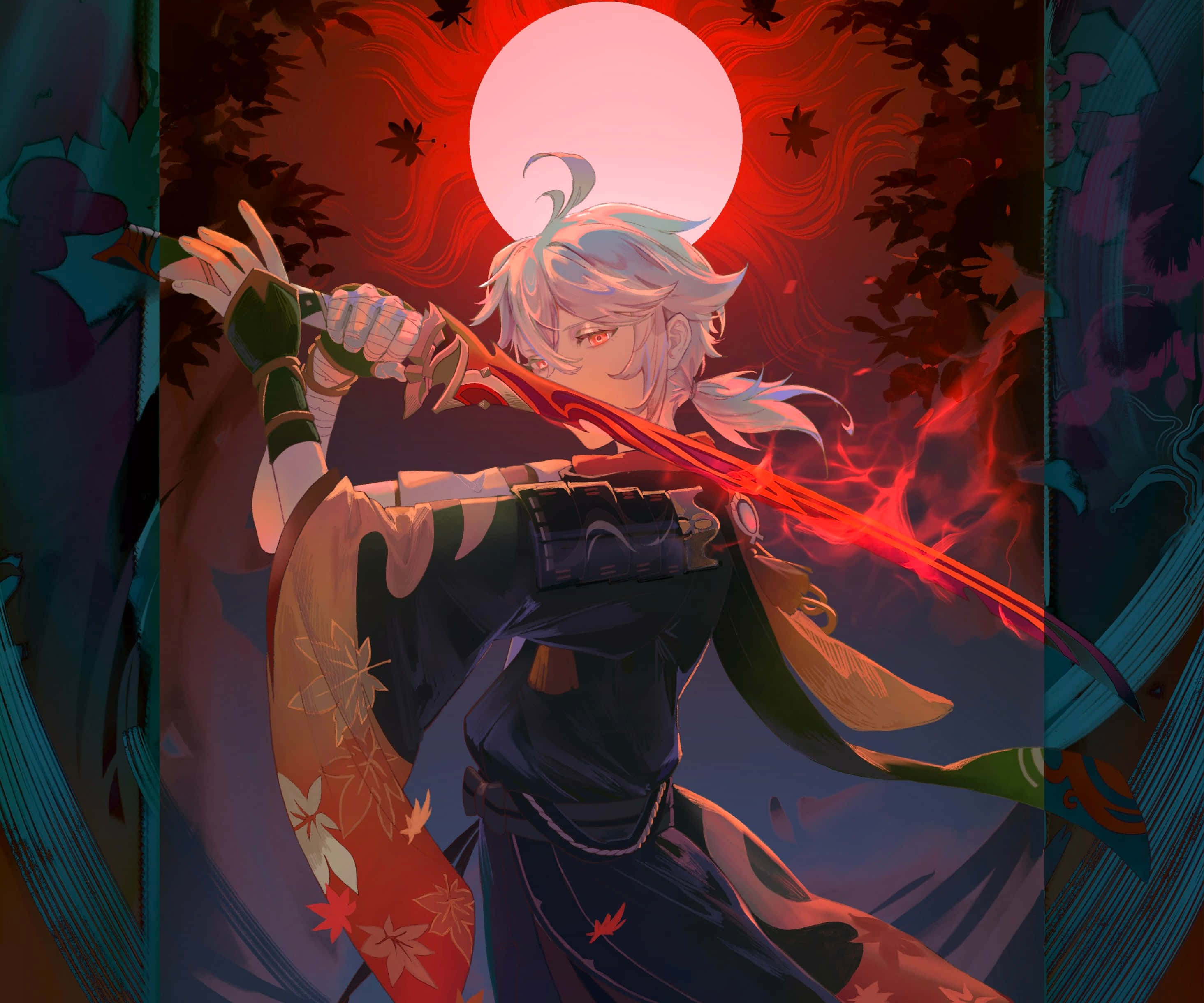 Genshin Impact Kazuha 桌布 壁紙 — 一位銀髮動漫戰士在深紅月亮背景下揮舞著發光的紅色劍，伴隨著飄落的楓葉。