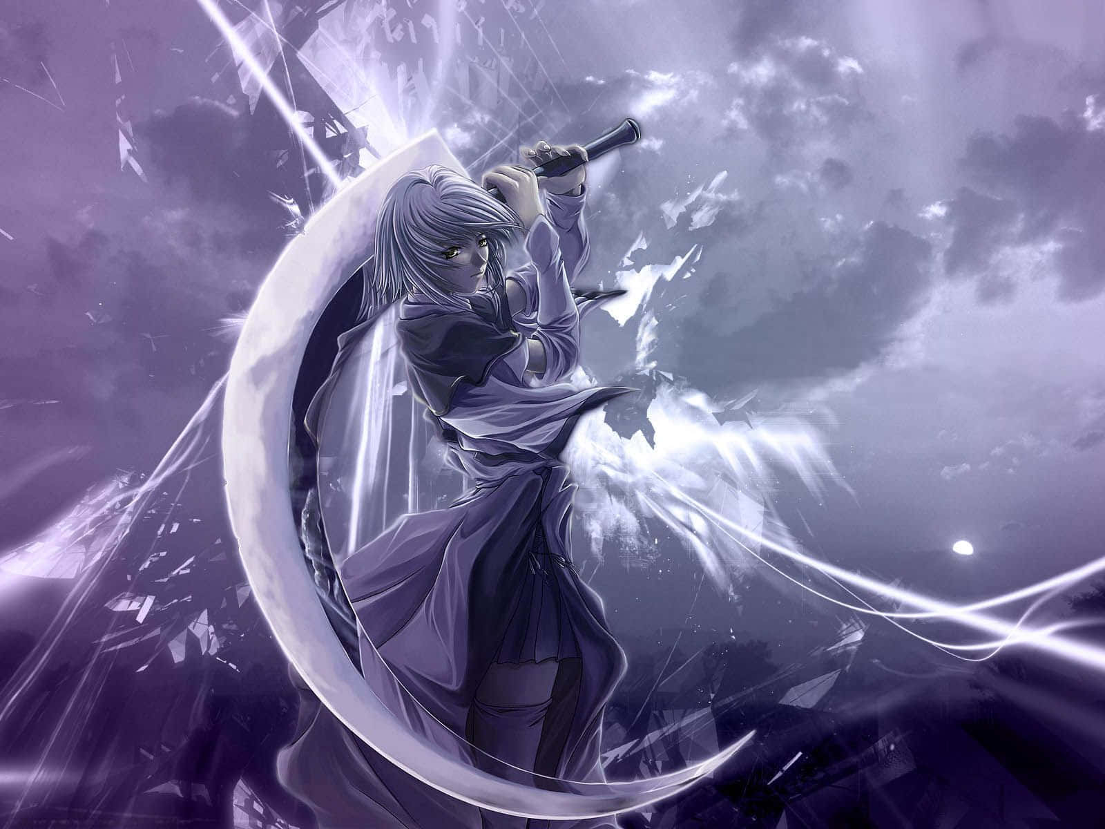 Anime Pc 桌布 壁紙 — 一位銀髮動漫戰士在破碎的玻璃和暴風雨般的紫色天空中揮舞著發光的彎月刀刃。