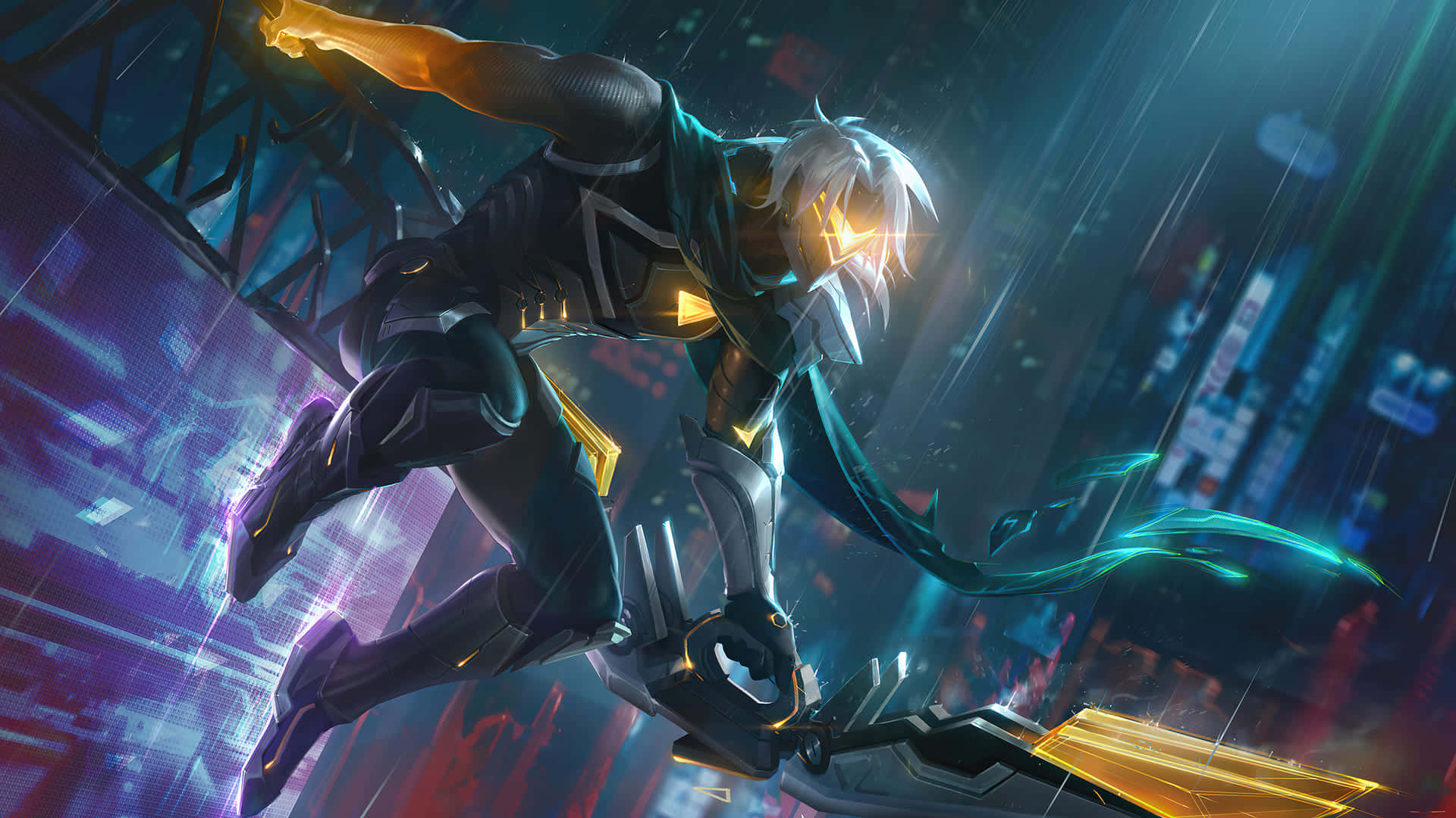 1920x1080 League Of Legends 桌布 壁紙 — 一位銀髮動漫戰士在霓虹雨中跳躍，穿越賽博龐克城市景觀，揮舞著發光的劍。