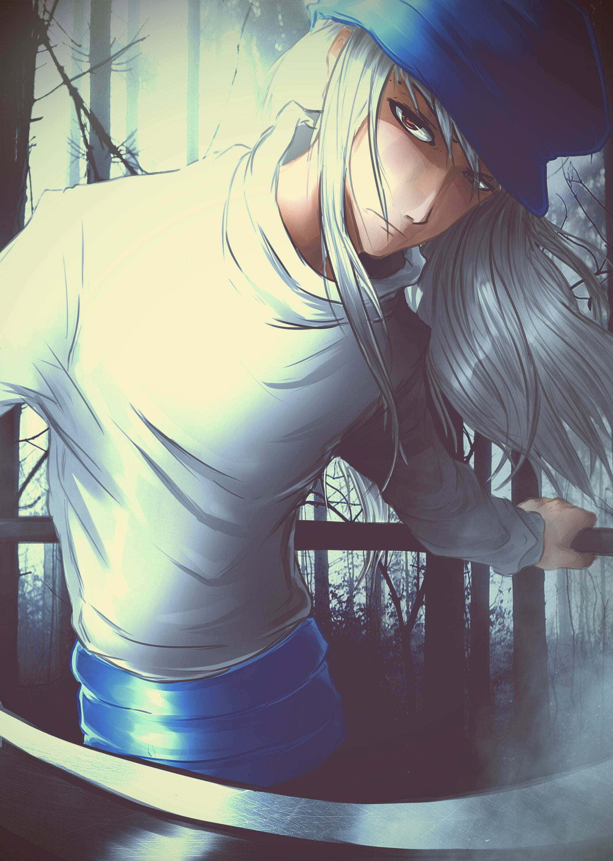 Hunter X Hunter Kite 桌布 壁紙 — 一位銀髮動漫戰士戴著藍色帽子，在霧氣瀰漫、樹木光禿的森林中握著劍。