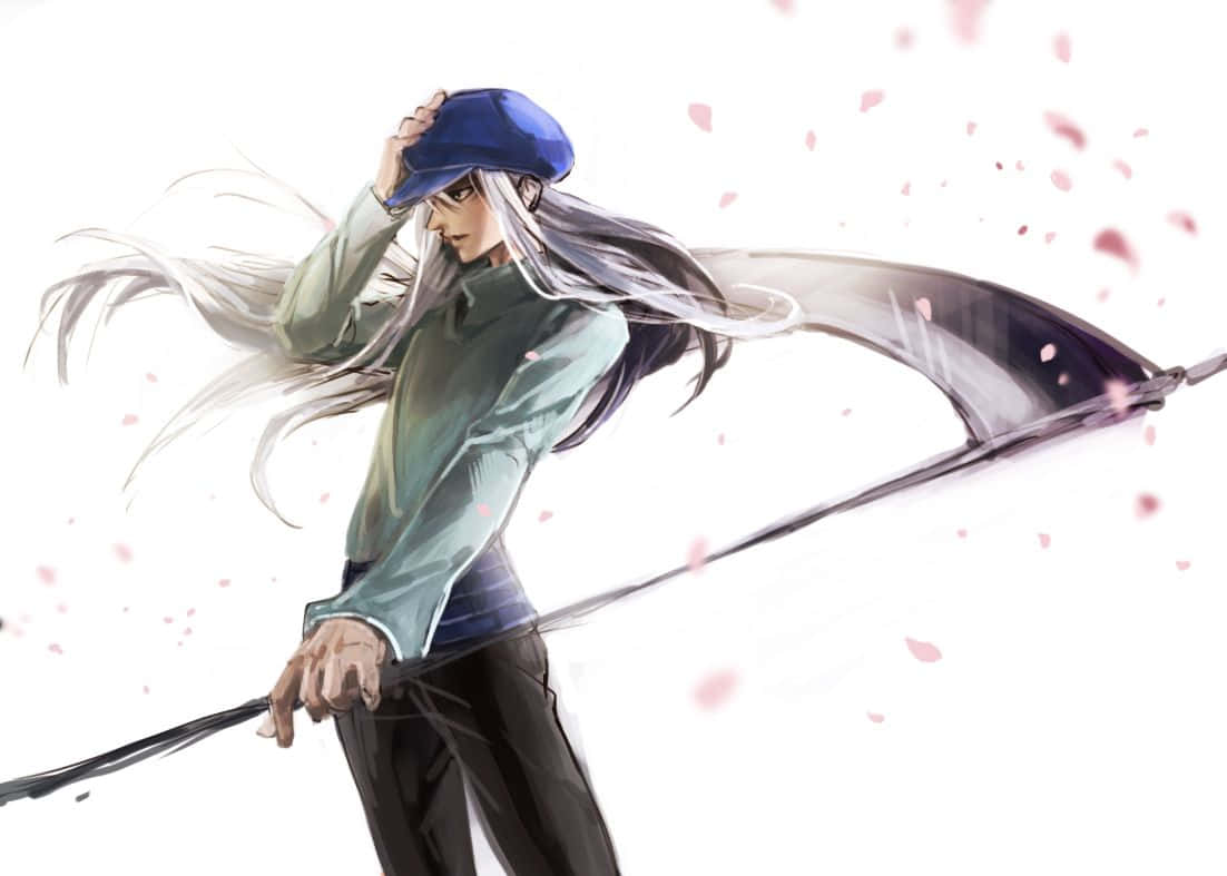 Hunter X Hunter Kite 桌布 壁紙 — 一位銀髮動漫戰士戴著藍色帽子，緊握一把大鐮刀，櫻花在他周圍飄揚，背景是明亮的白色。