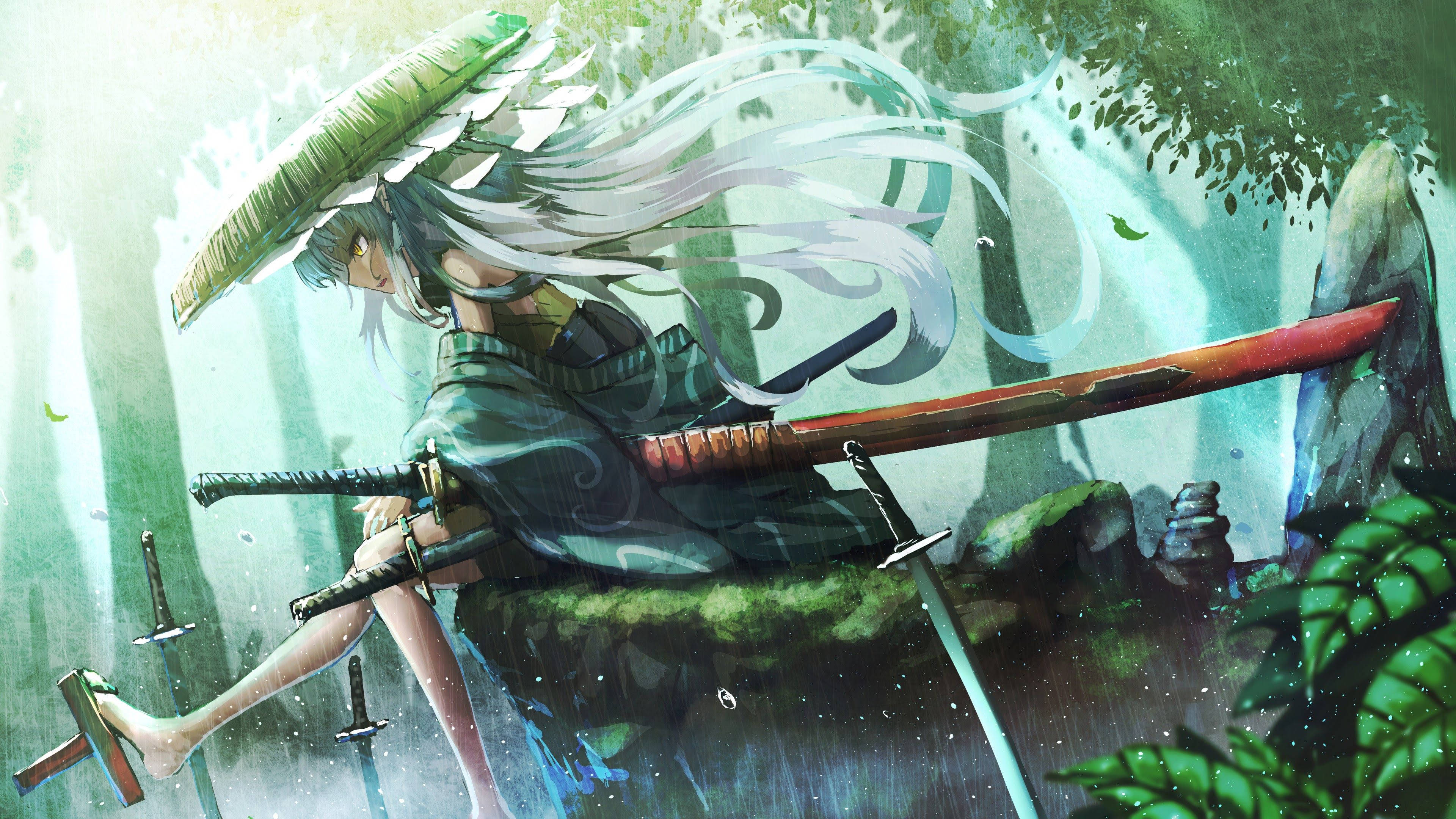 Anime Samurai 桌布 壁紙 — 一位銀髮動漫戰士拿著一把大葉傘，坐在霧氣森林中長滿苔蘚的石頭上，周圍環繞著漂浮的劍。