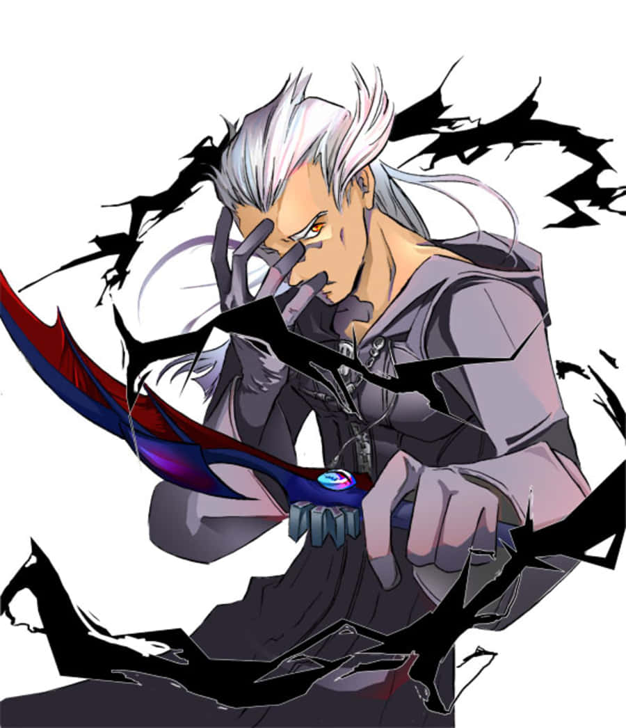Ansem Seeker Of Darkness 桌布 壁紙 — 一位銀髮動漫戰士握著發光的劍，黑色能量在他周圍劈啪作響，擺出動態姿勢。