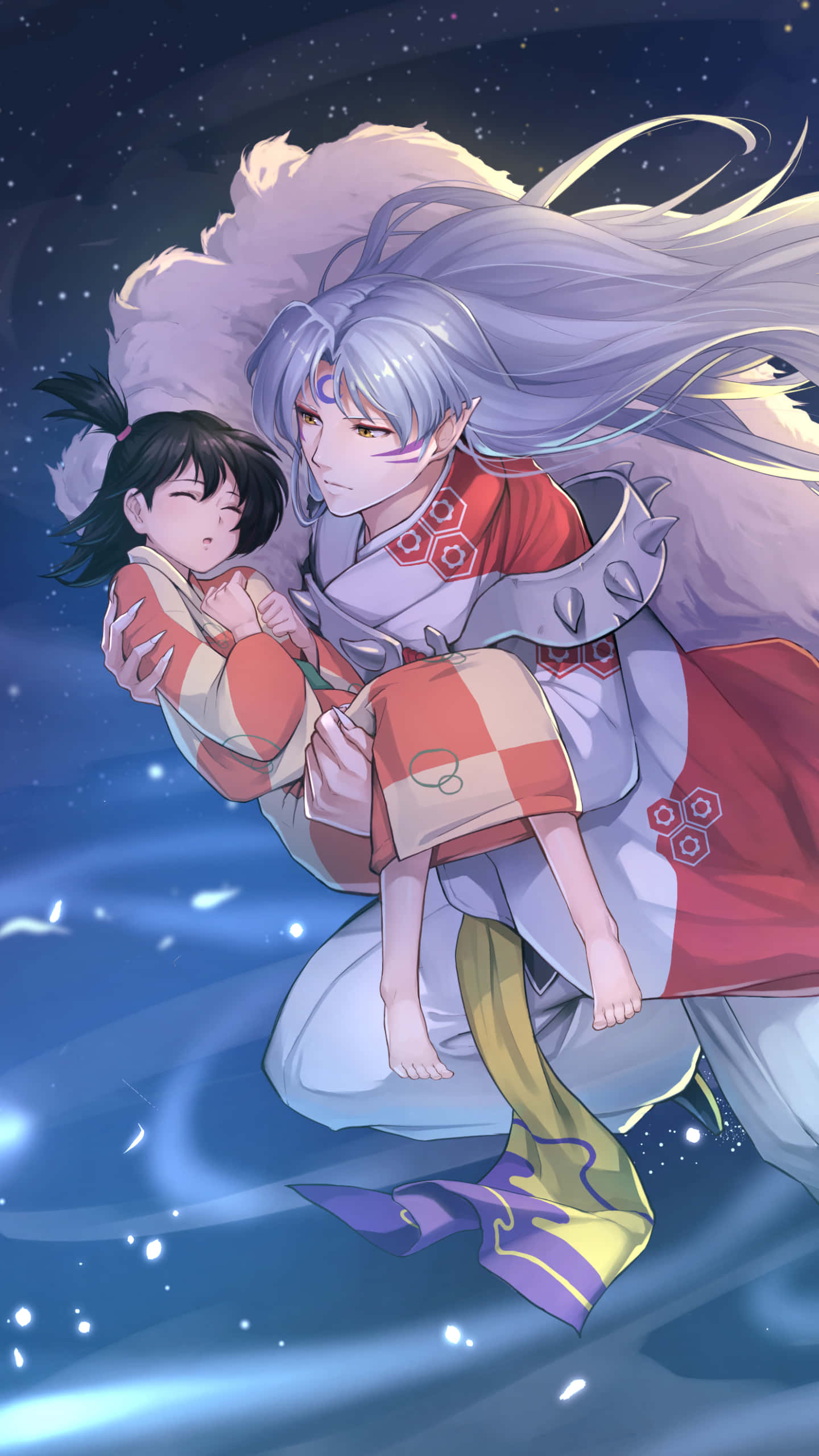 Inuyasha iPhone 桌布 壁紙 — 一位銀髮動漫戰士溫柔地抱著一個熟睡的女孩，穿越星光燦爛的夜空，下方有發光的藍色流動。