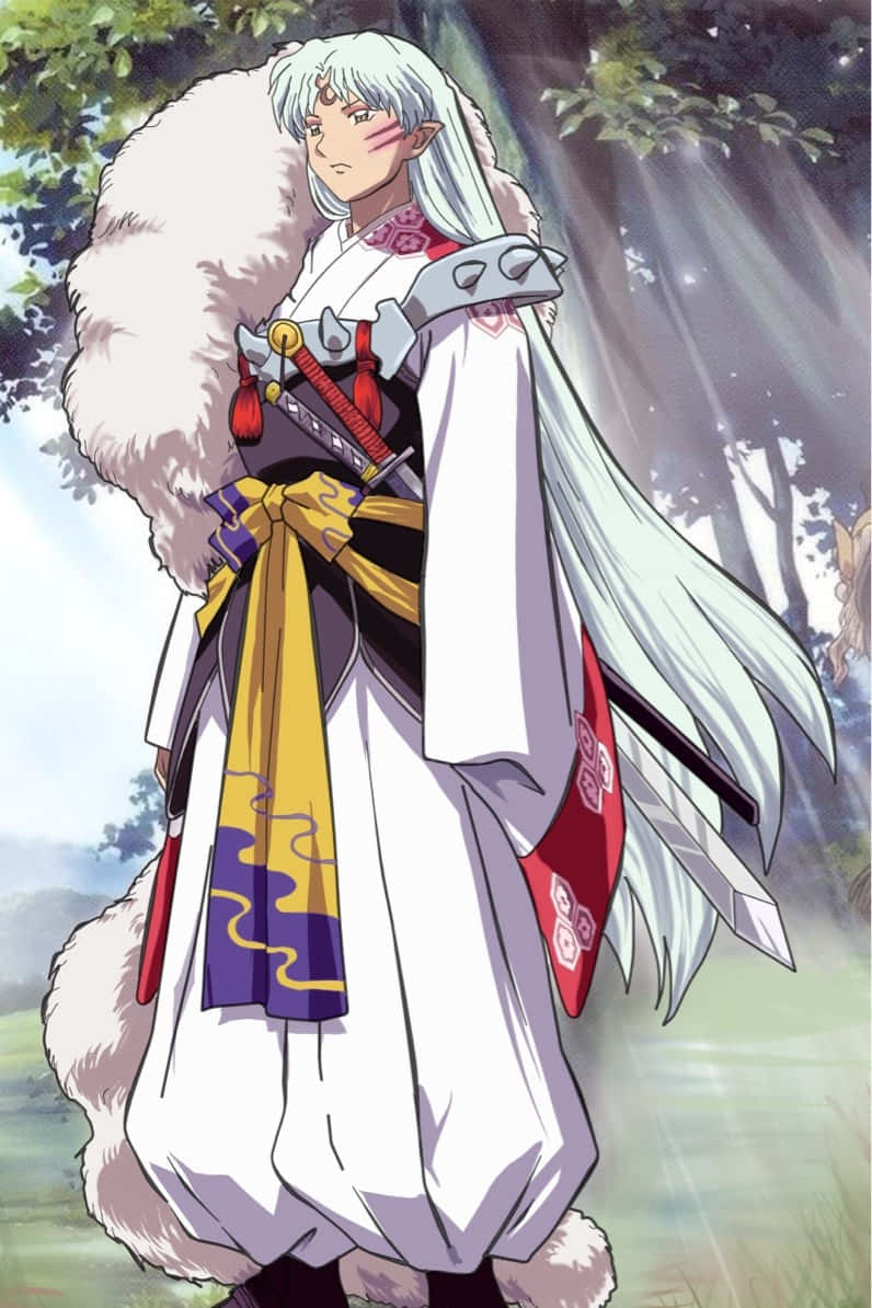 Tenseiga 桌布 壁紙 — 一位銀髮動漫戰士穿著白色毛邊和服，腰間佩劍，站在陽光明媚的森林中。