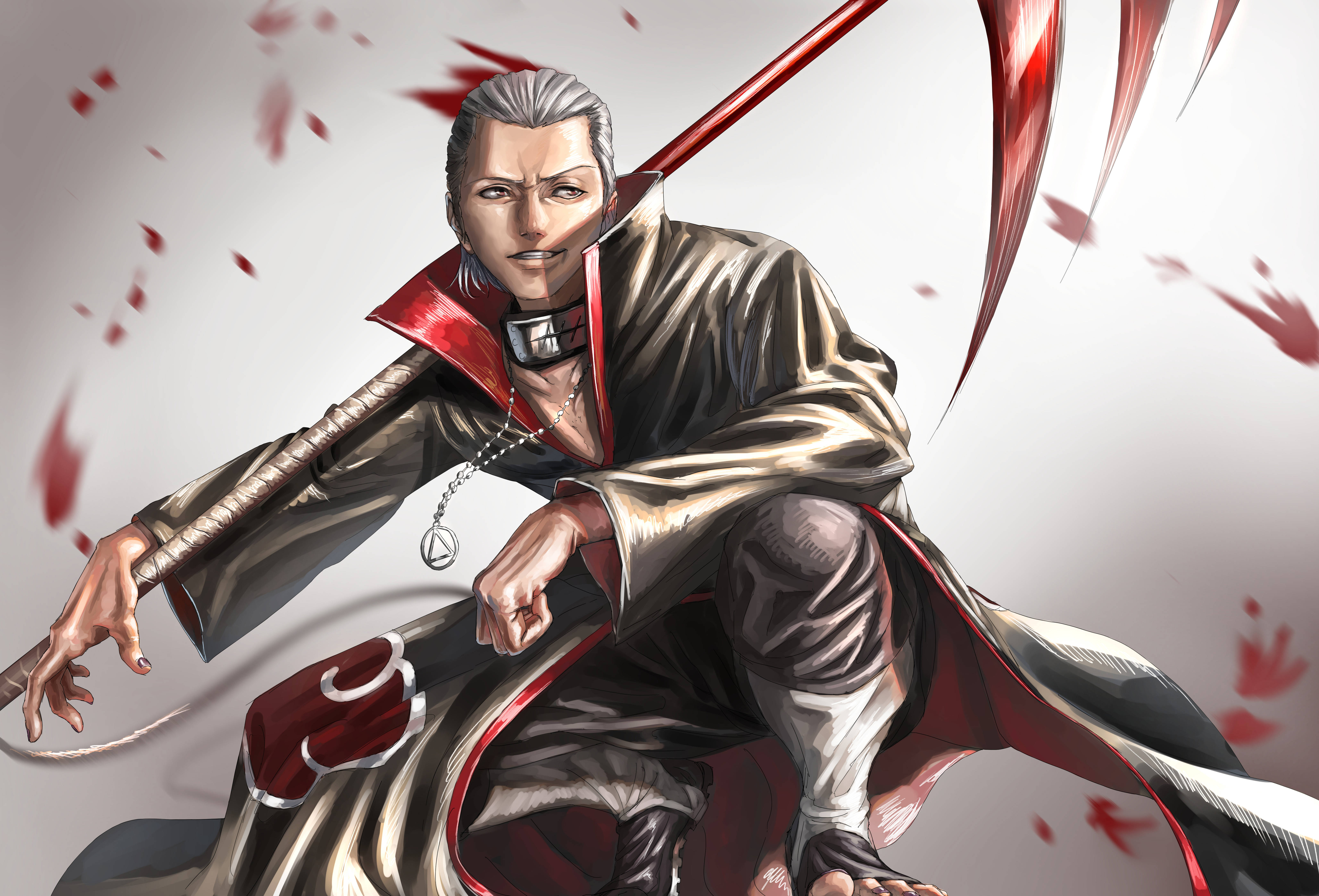 hidan akatsuki 桌布 壁紙 — 一位銀髮動漫戰士穿著紅灰色斗篷，在純色背景前揮舞長刃，紅色飛濺物在他周圍飛舞。