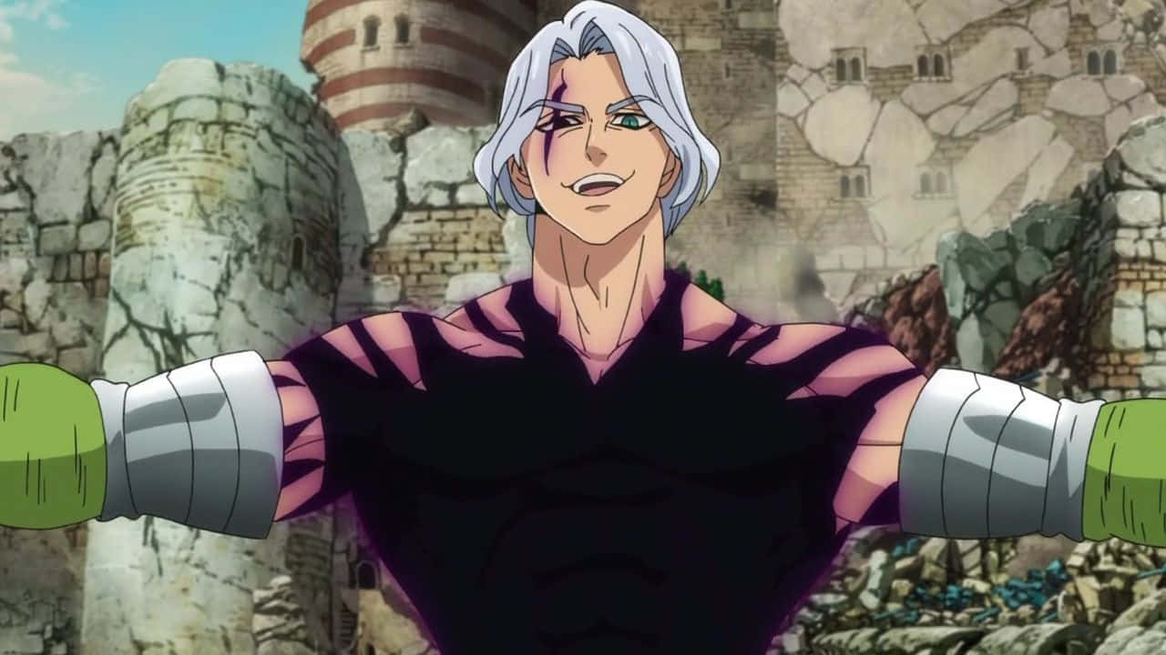 Seven Deadly Sins Hendrickson 桌布 壁紙 — 一位銀髮動漫戰士穿著黑紫色服裝，在 crumbling 石城堡前自信地張開雙臂站立。