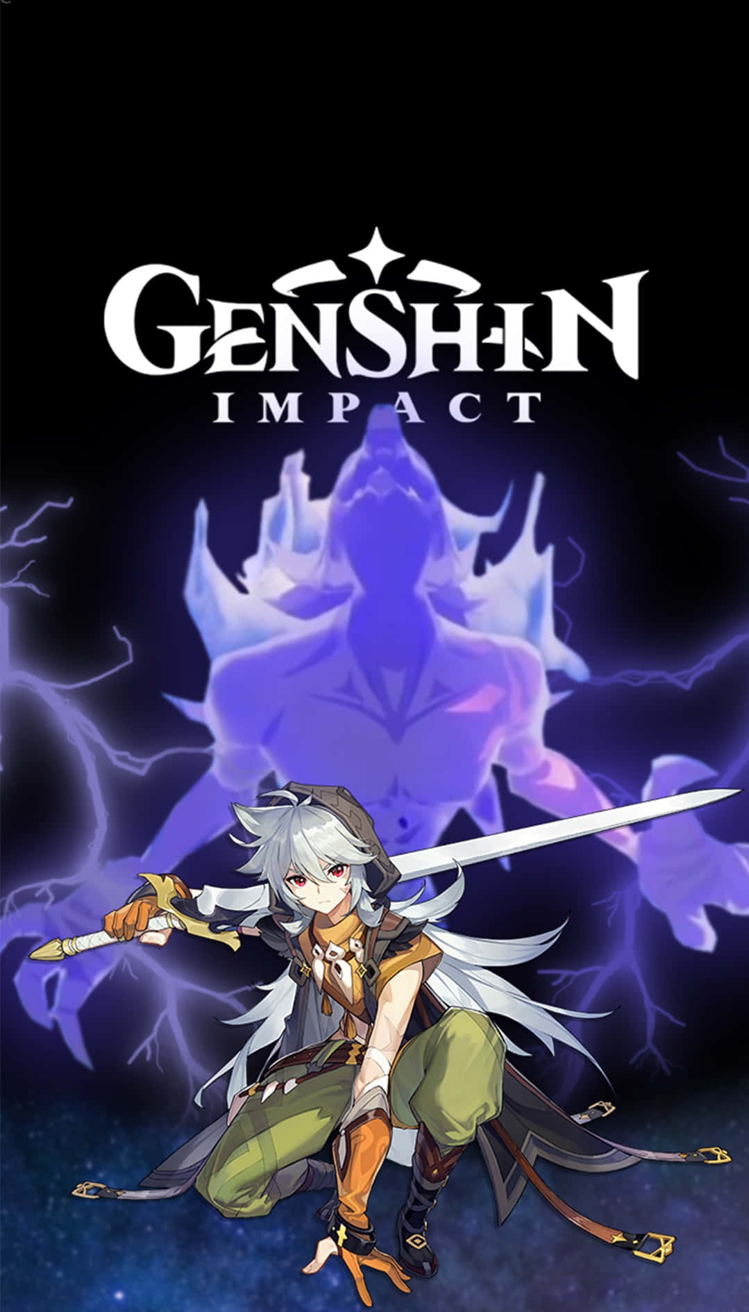Genshin Impact Bennett 桌布 壁紙 — 一位銀髮動漫戰士跪著揮劍，面對一個發光的紫色元素精靈，背景是黑暗的宇宙。