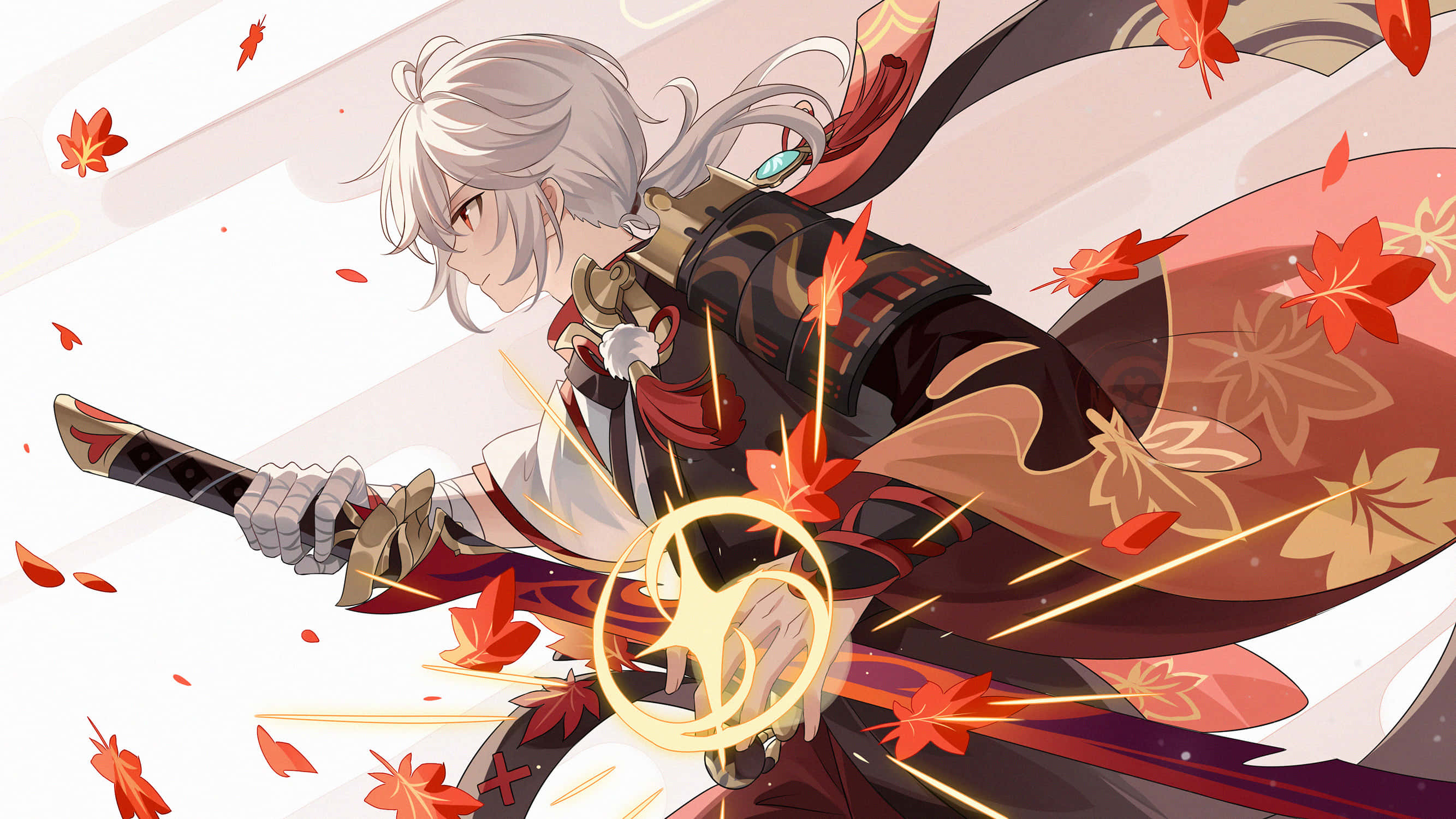 Genshin Impact Kazuha 桌布 壁紙 — 一位銀髮動漫戰士身穿傳統盔甲，揮舞發光劍刃劃過飄落的紅楓葉。
