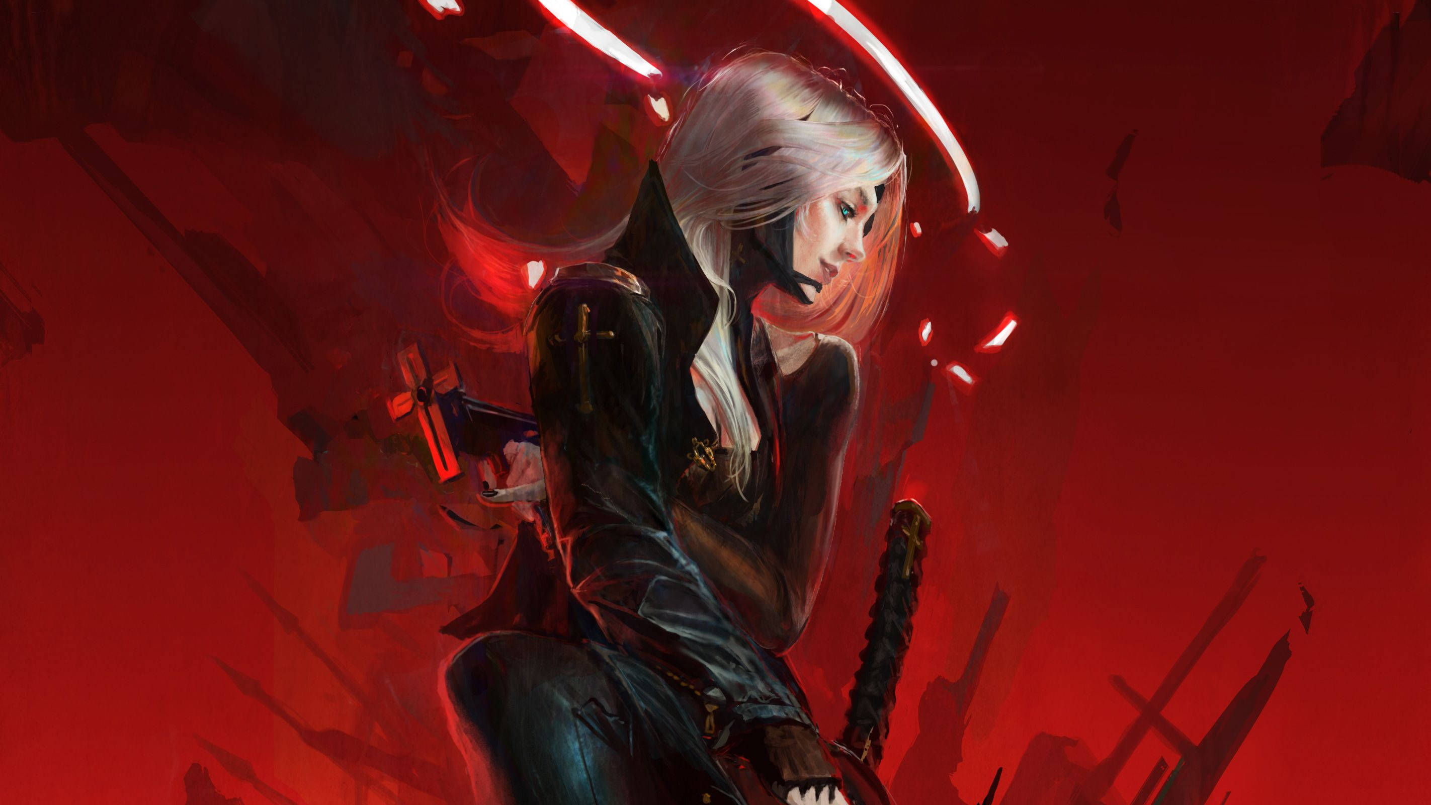 Castlevania 桌布 壁紙 — 一位銀髮動漫戰士身穿暗色盔甲，在血紅色背景下揮舞發光的紅色刀刃。