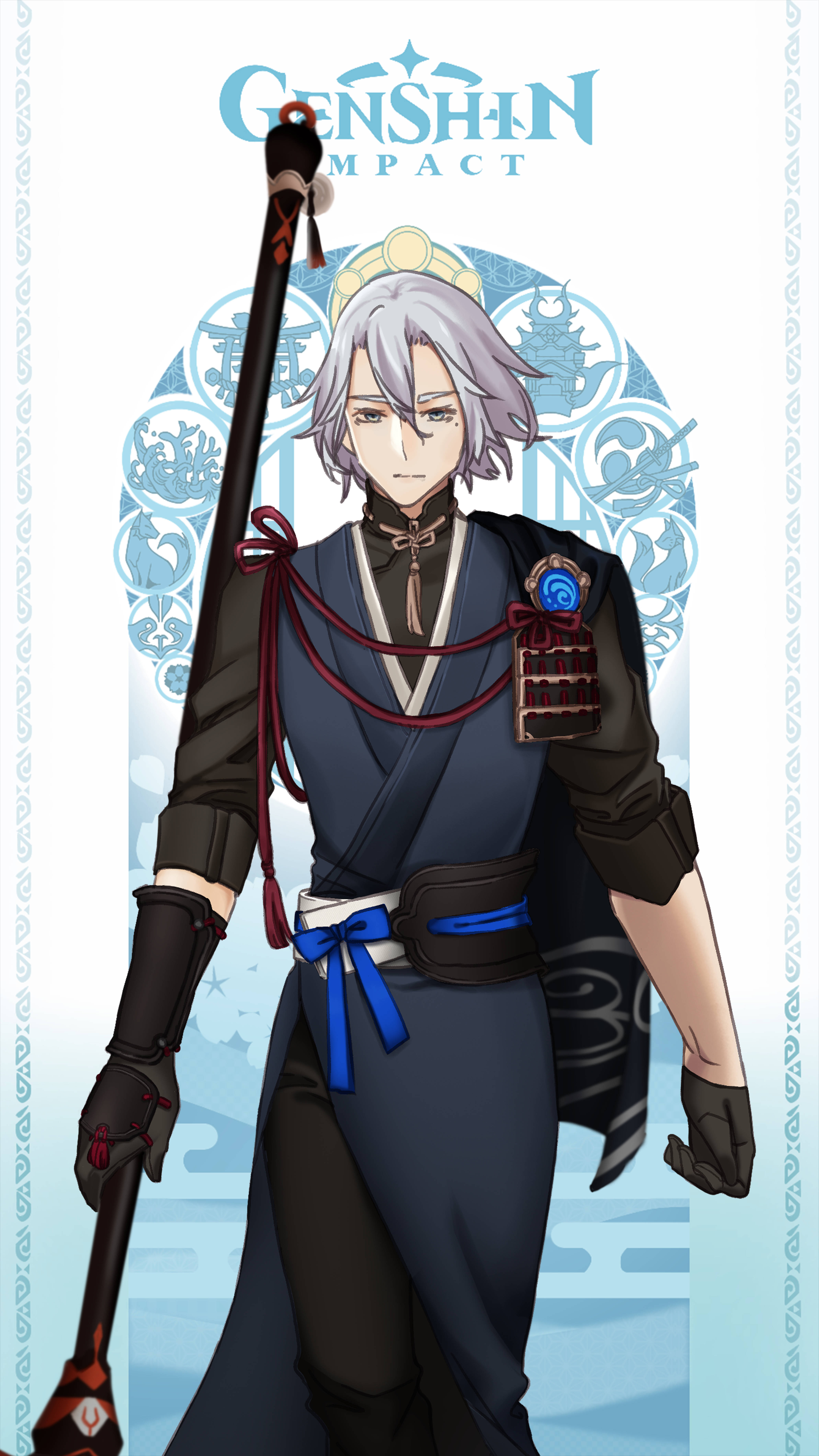 ayato 桌布 壁紙 — 一位銀髮動漫戰士身穿深藍色和黑色盔甲，在風格化的藍色圓形徽章背景前手持長杖。