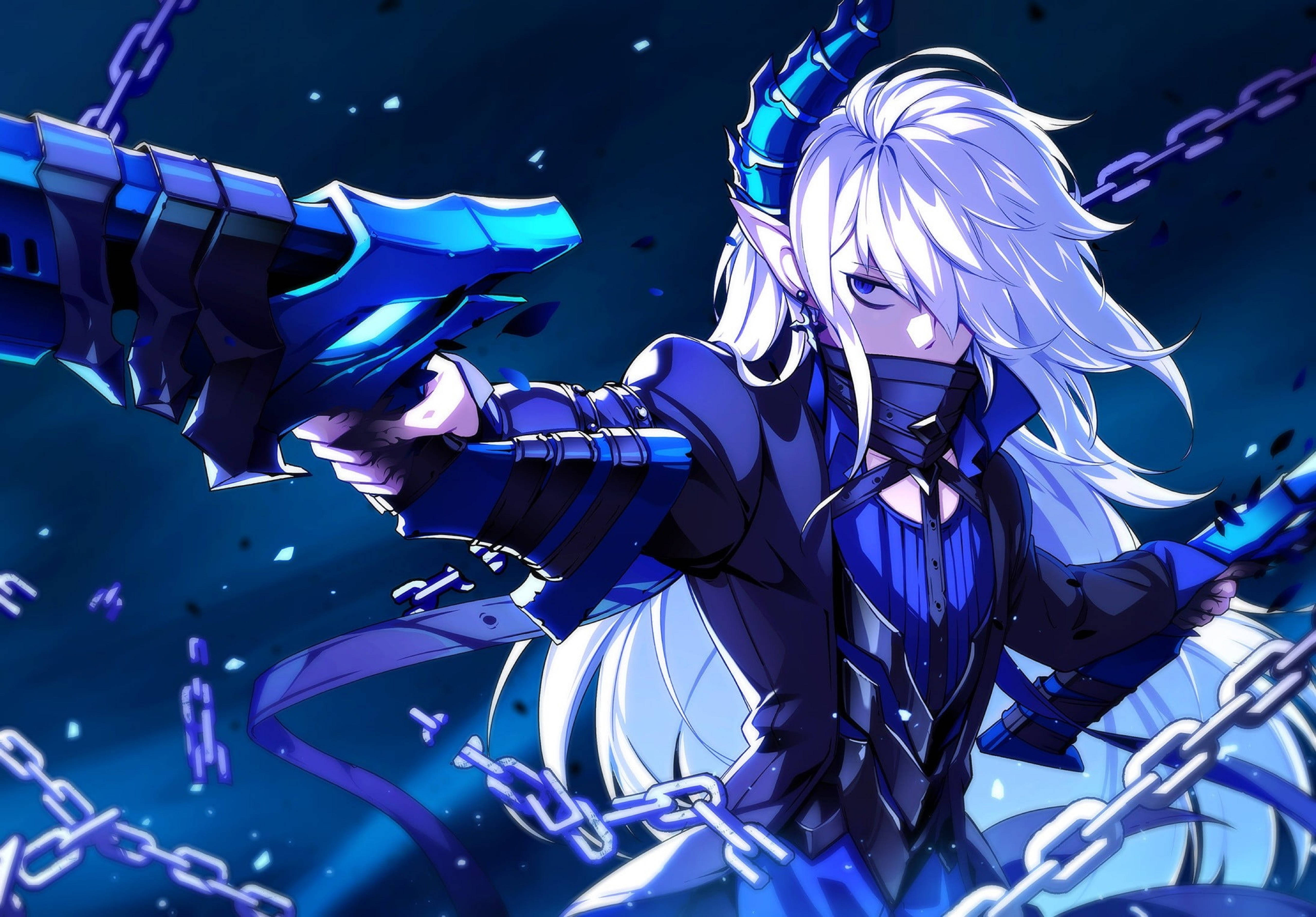 Elsword 桌布 壁紙 — 一位銀髮動漫戰士身穿深藍色盔甲，在深藍色宇宙背景中，於漂浮的鎖鏈間揮舞著一把巨大的發光劍。