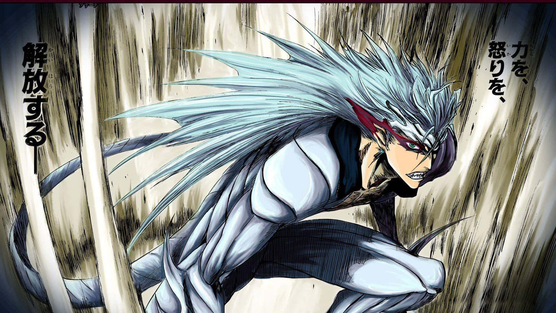 Grimmjow Jaegerjaquez 桌布 壁紙 — 一位銀髮動漫戰士身穿白色盔甲，在模糊的木質背景和日文字幕前兇猛地蹲伏著。