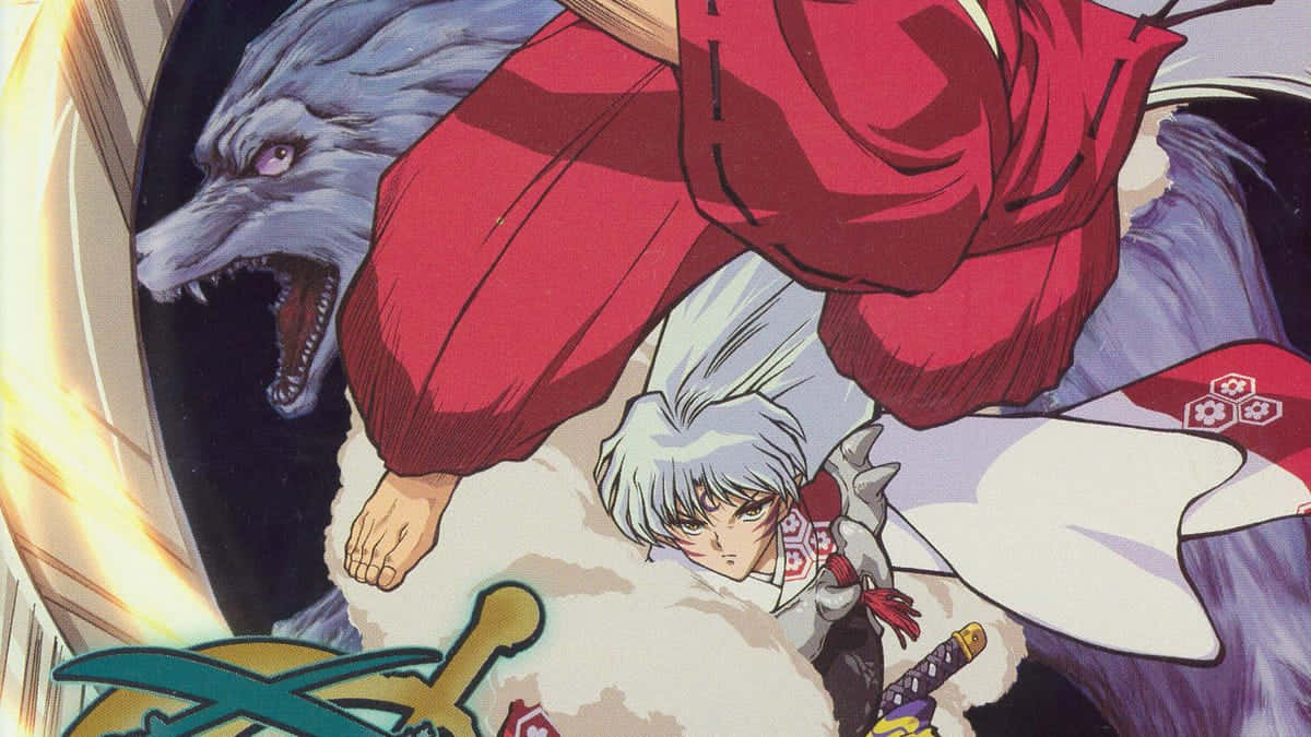 Inuyasha Yokai 桌布 壁紙 — 一位銀髮動漫戰士身穿紅白鎧甲，用發光的劍與咆哮的藍狼戰鬥。