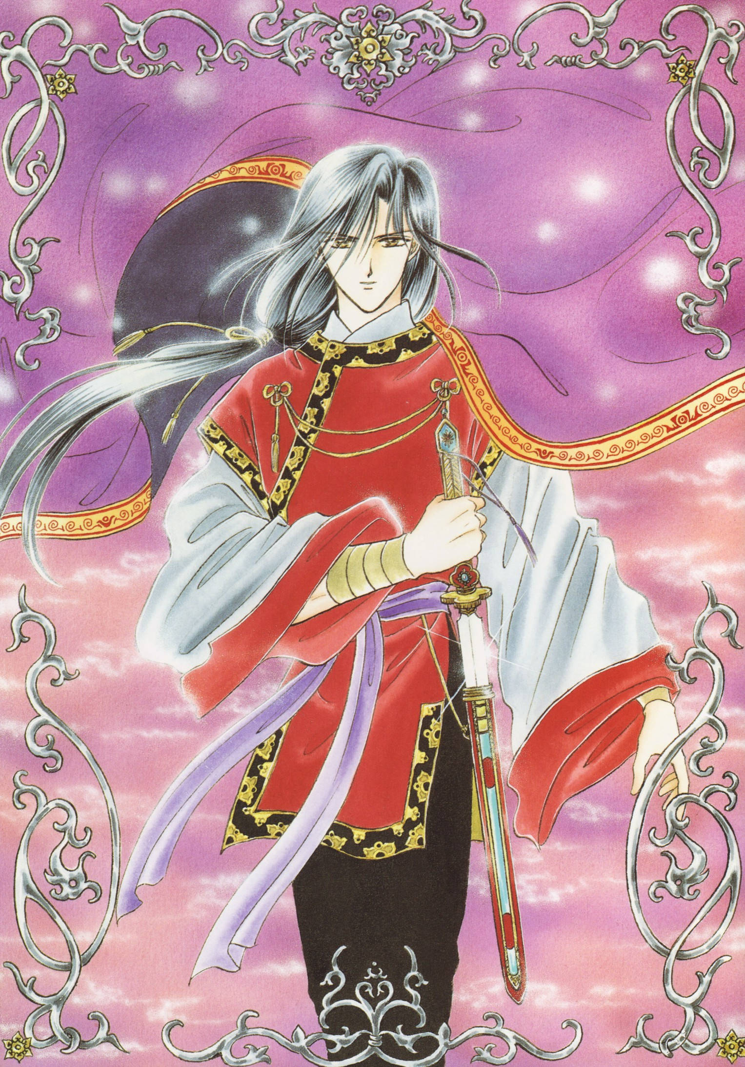 Fushigi Yuugi 桌布 壁紙 — 一位銀髮動漫戰士身穿紅白長袍，手持劍，背景是旋轉的紫色天空，周圍環繞著華麗的銀色捲軸裝飾。