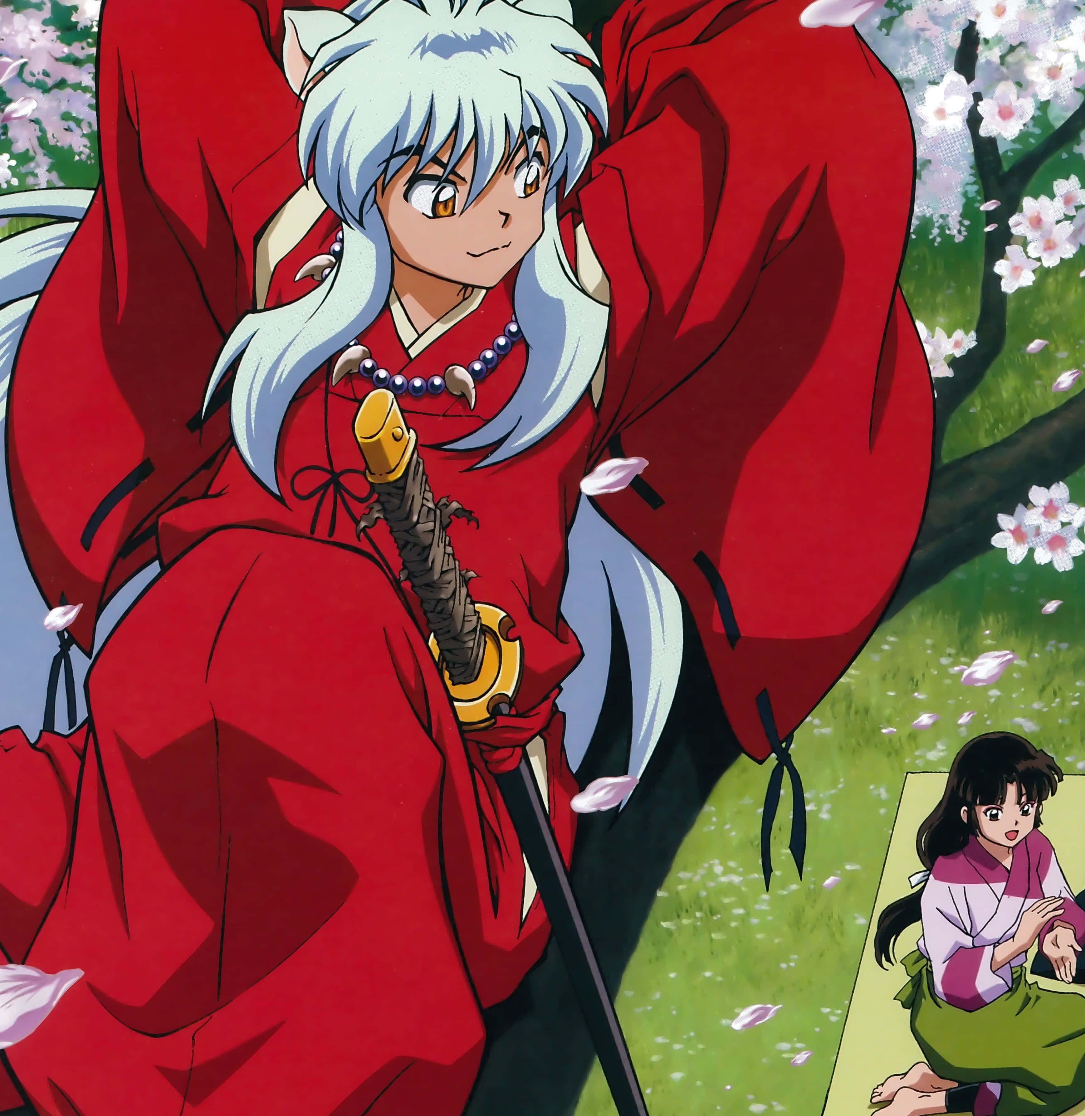 Inuyasha And Sango 桌布 壁紙 — 一位銀髮動漫戰士身穿紅色和服，手持劍靜坐，周圍櫻花飄落，一名少女跪在附近。