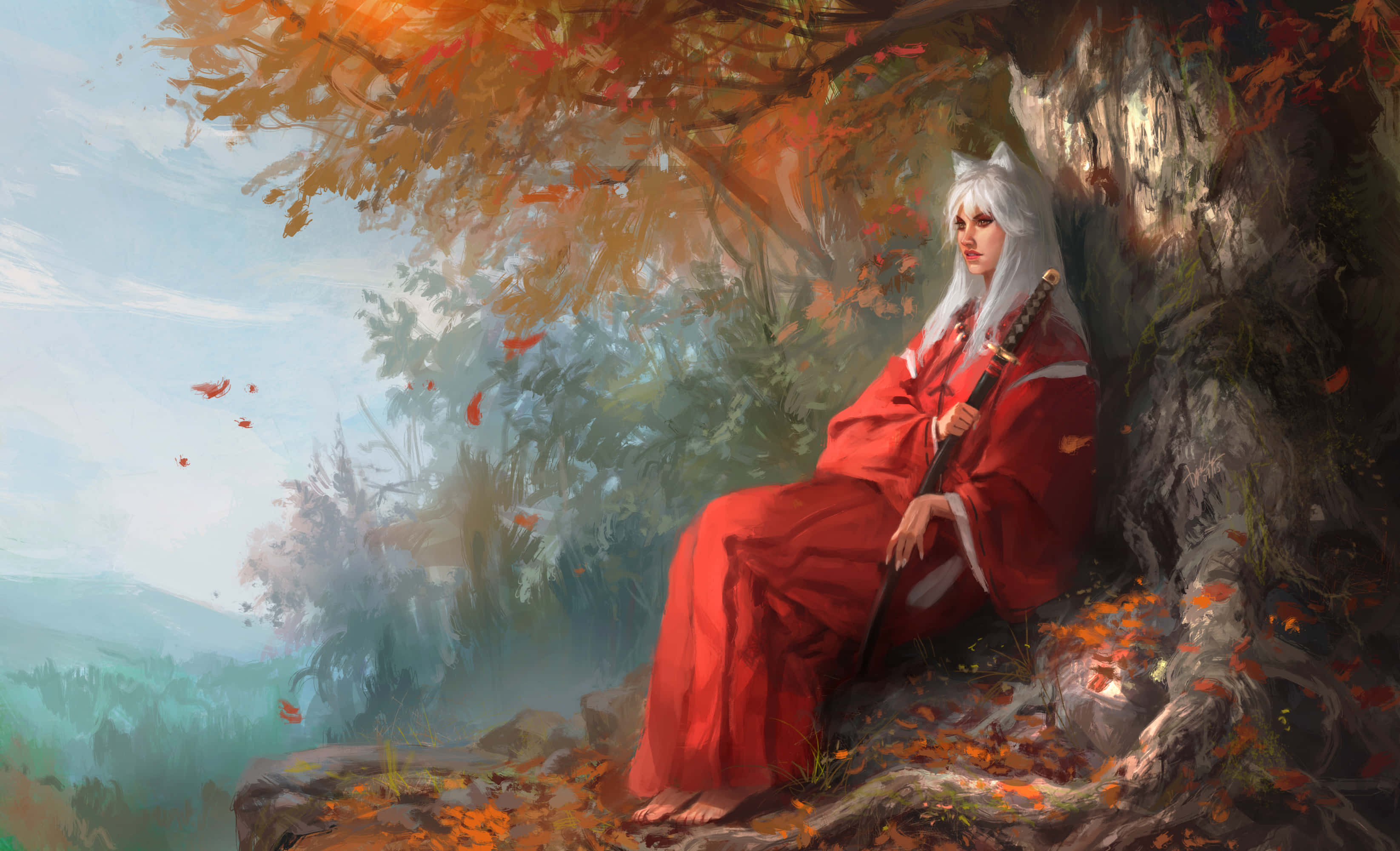 犬夜叉 桌布 壁紙 — 一位銀髮動漫戰士身穿紅袍，沉思地坐在長滿苔蘚的樹旁，秋葉在他周圍旋轉。