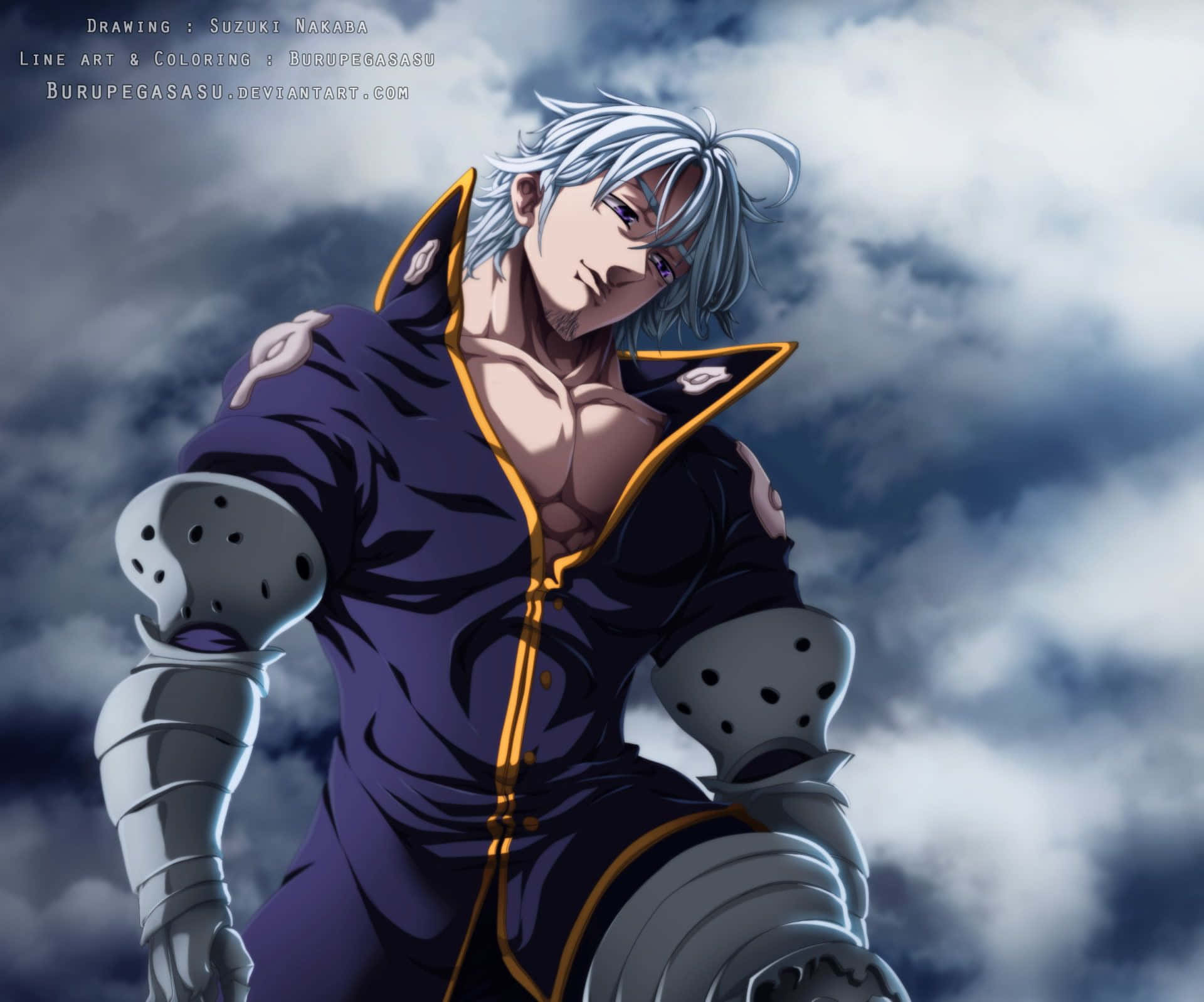 Seven Deadly Sins Estarossa 桌布 壁紙 — 一位銀髮動漫戰士身穿紫色和金色盔甲，自信地站在暴風雨的天空下。