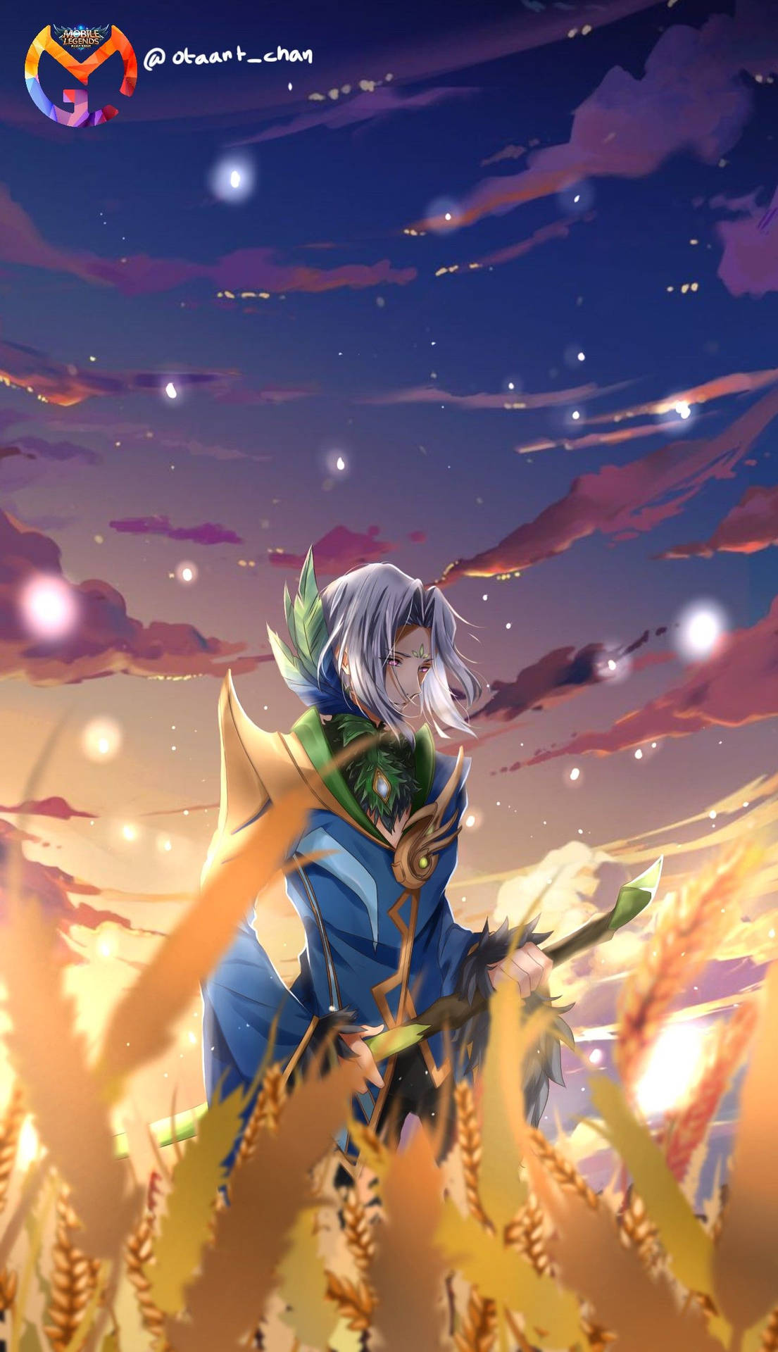 Mobile Legends 動態圖 桌布 壁紙 — 一位銀髮動漫戰士身穿藍色盔甲，站在金色麥田之中，天空佈滿發光球體和紫色雲彩，呈現暮色景象。