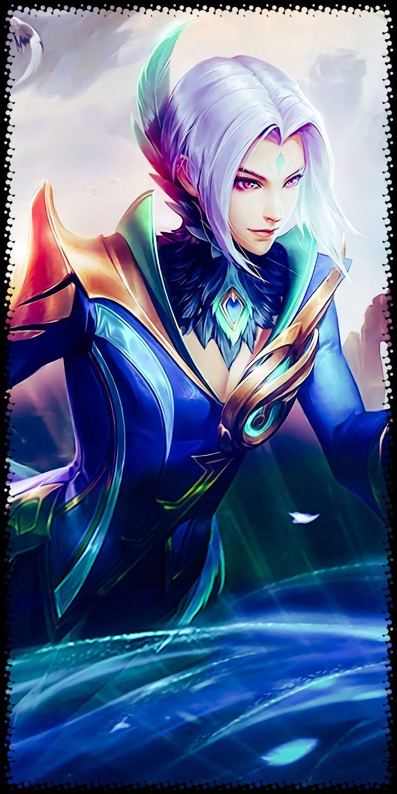 Mobile Legends 動態圖 桌布 壁紙 — 一位銀髮動漫戰士身穿藍金鎧甲，站在發光的水面上，散發神秘氣息。