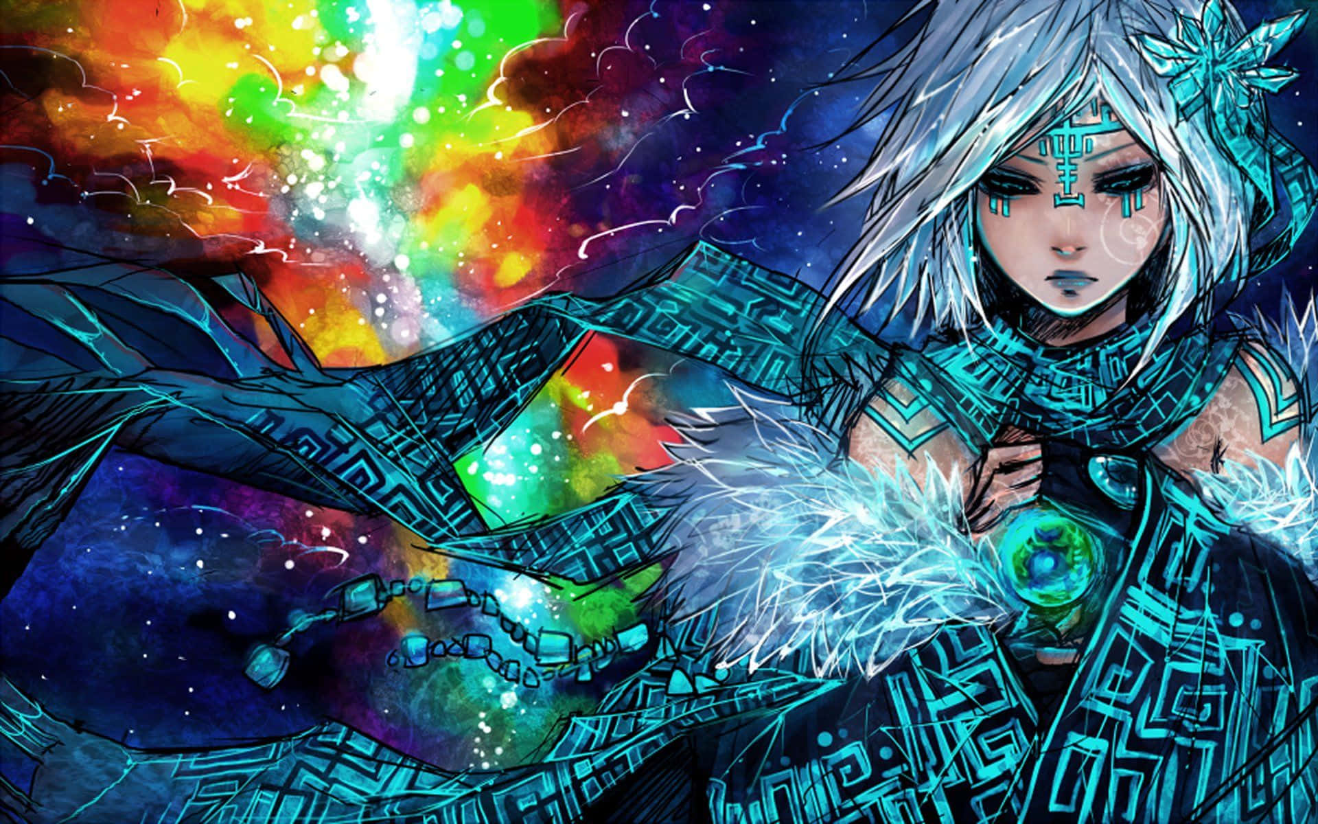動漫藝術GIF 桌布 壁紙 — 一位銀髮動漫戰士身穿青綠色盔甲，在宇宙彩虹星雲背景下手持發光球體。