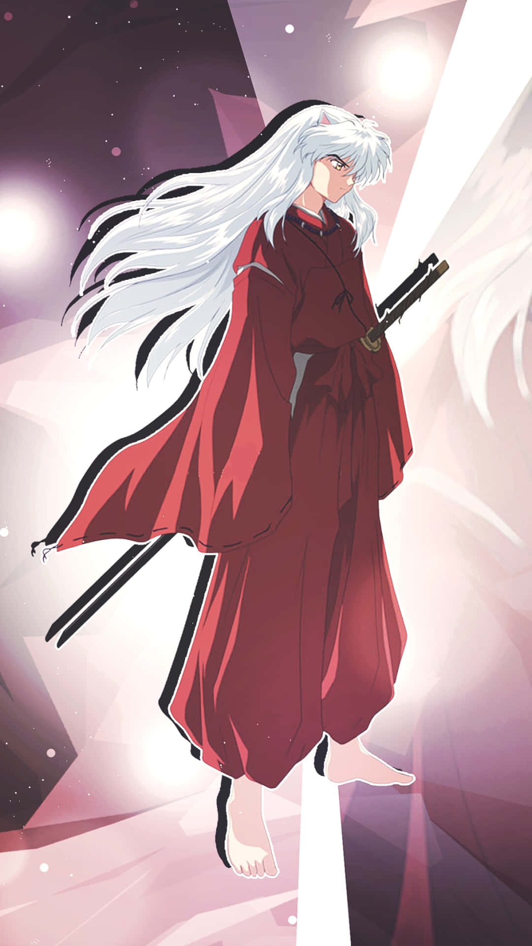 Inuyasha iPhone 桌布 壁紙 — 一位銀髮動漫戰士身穿飄逸的紅色長袍，赤腳持劍，站在發光的幾何星空背景前。