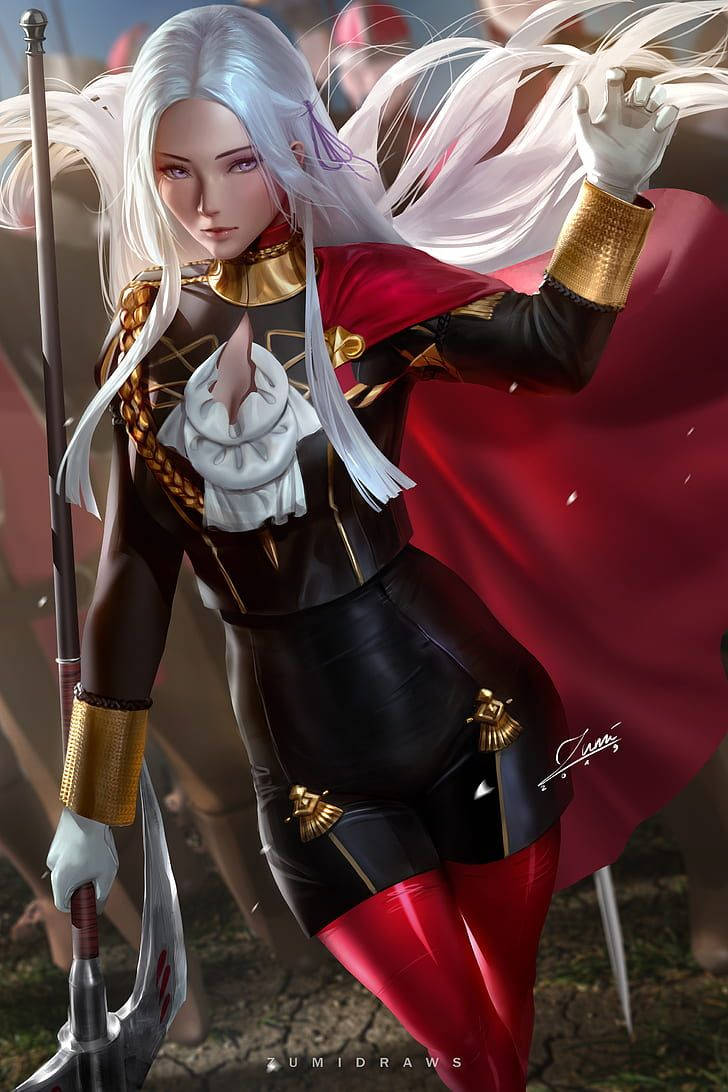 Fire Emblem Three Houses 桌布 壁紙 — 一位銀髮動漫戰士身穿黑紅盔甲，揮舞長矛，披風飄揚，背景是戰場。