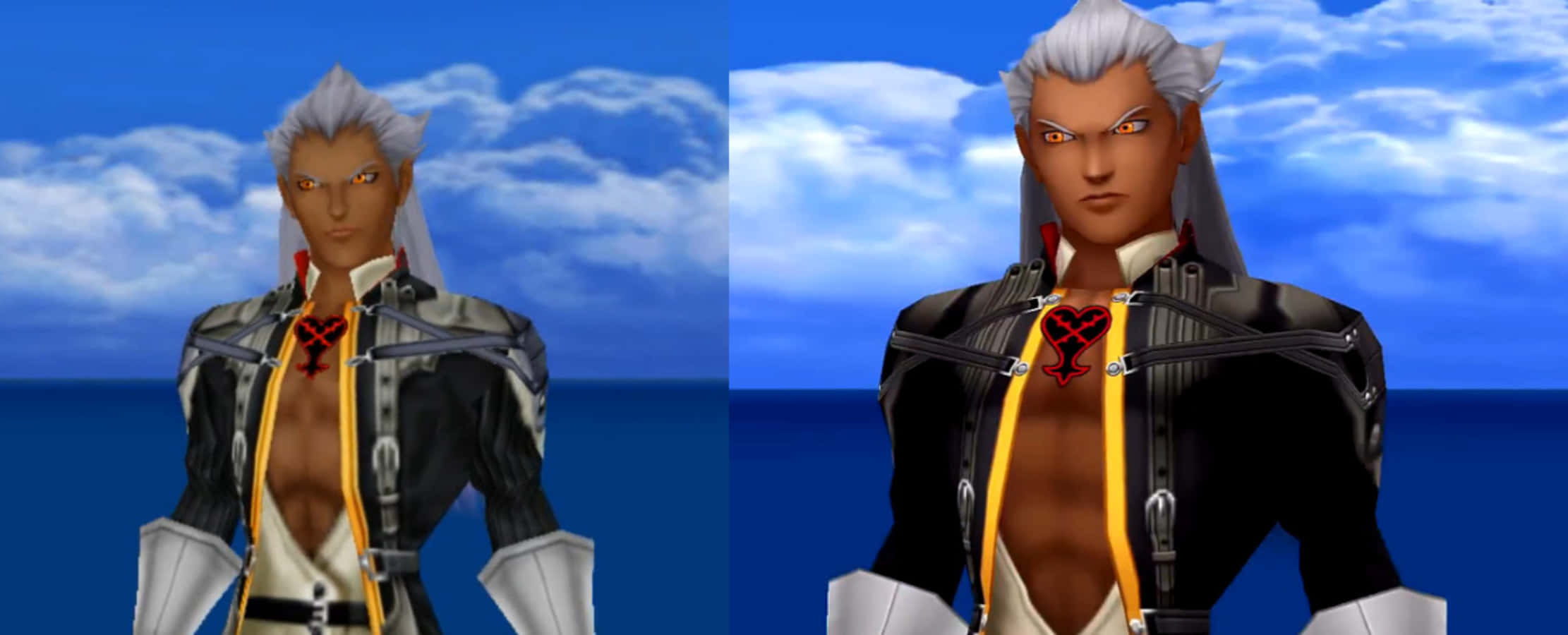 Ansem Seeker Of Darkness 桌布 壁紙 — 一位銀髮動漫戰士身穿黑色和黃色盔甲，站在藍天和海洋背景下。