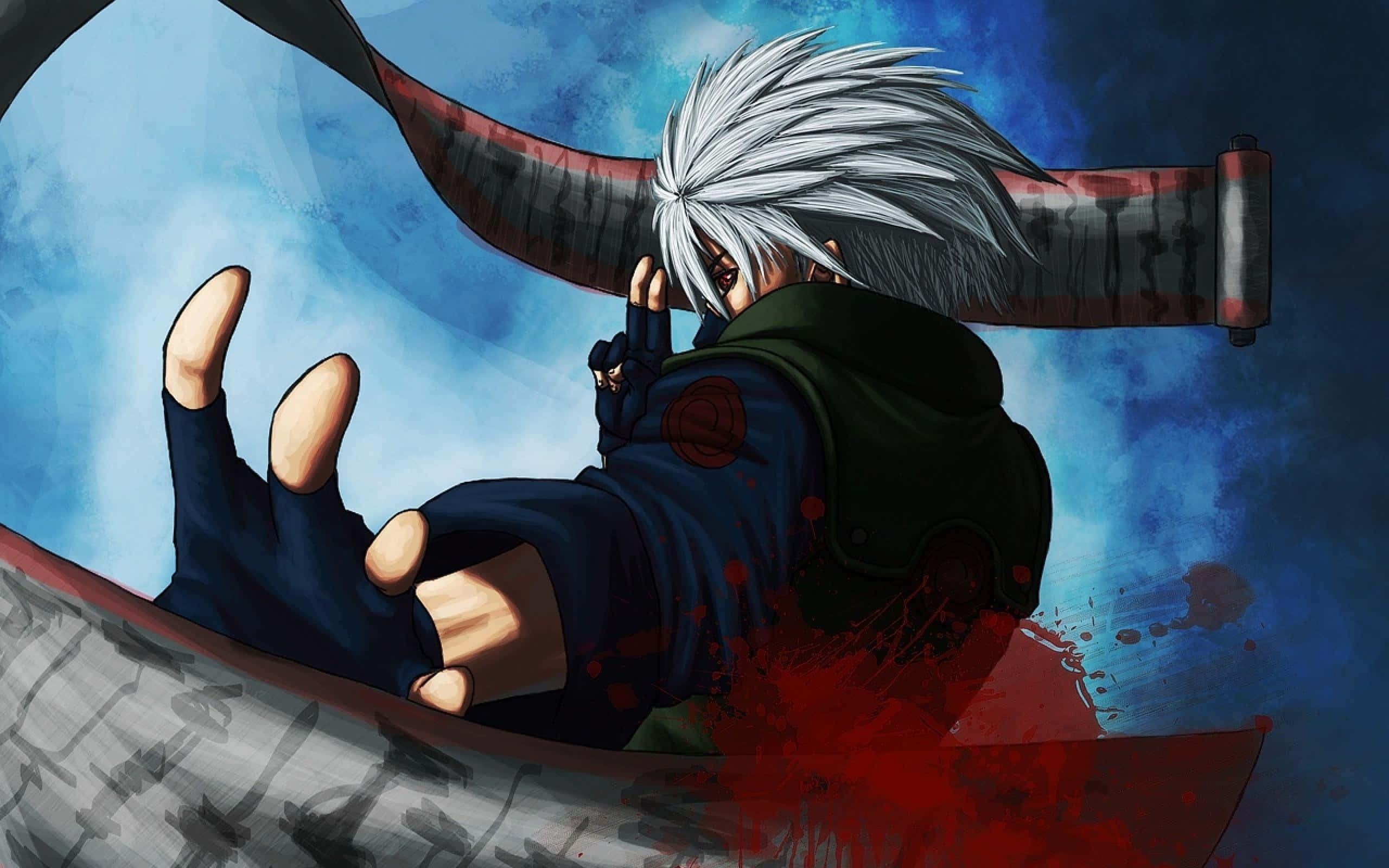 Akatsuki Kakashi 桌布 壁紙 — 一位銀髮動漫戰士身穿黑色斗篷，在暴風雨的藍天下緊握著一把沾血的劍。