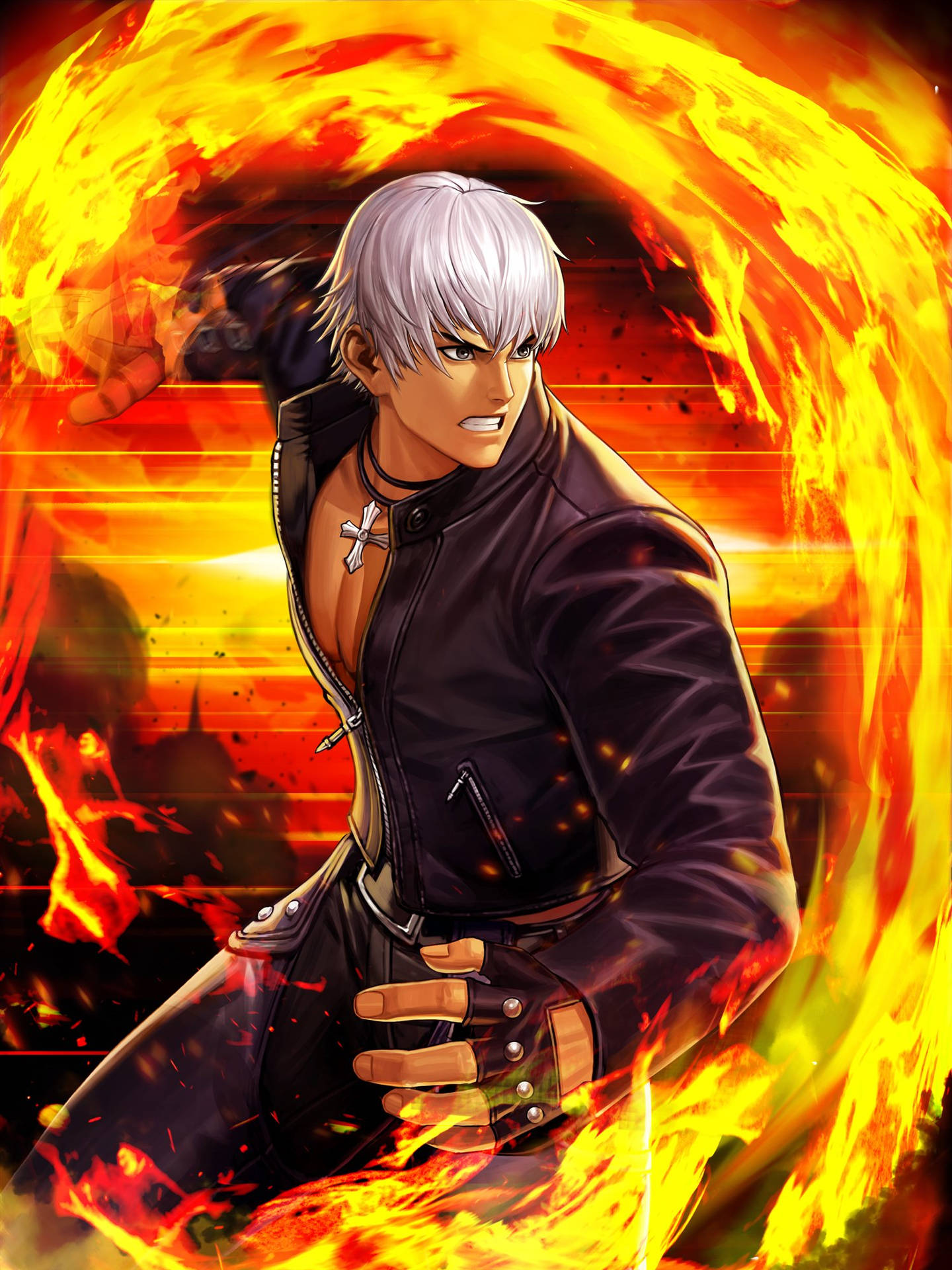銀發動漫戰士被火焰包圍，擺出戰鬥姿勢。 — Fire Emblem Warriors 壁紙