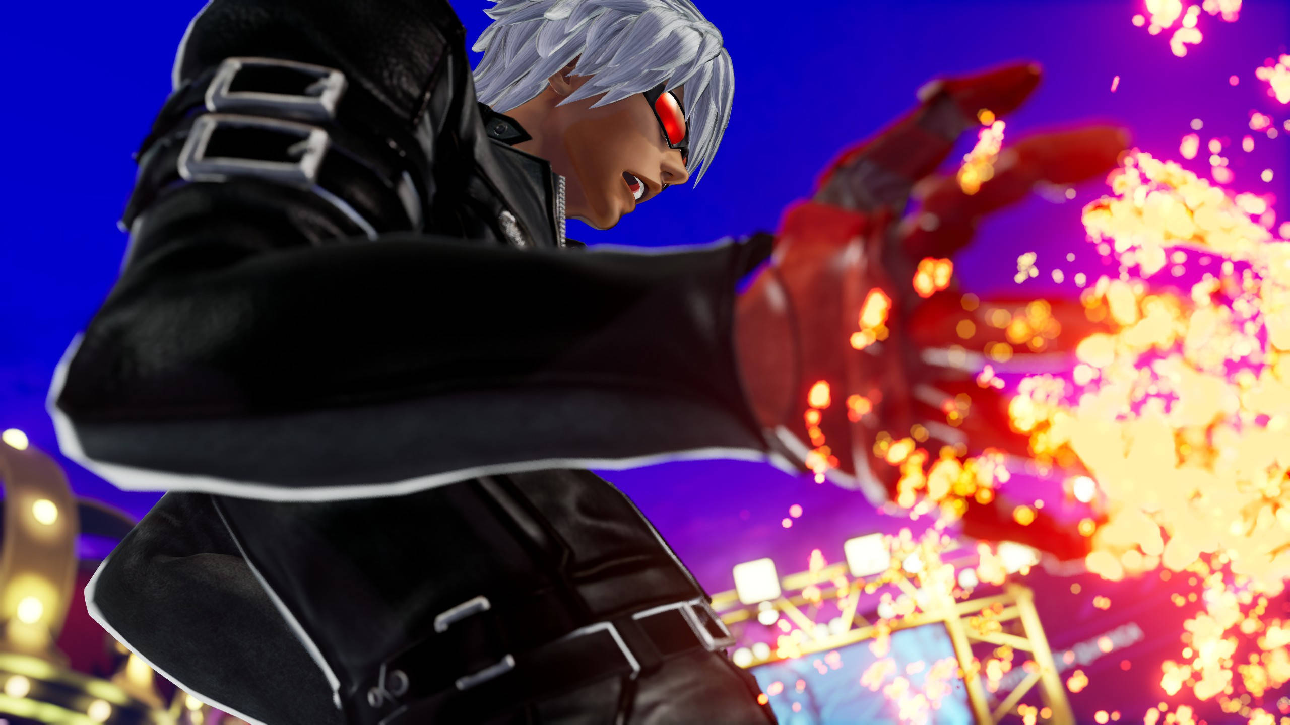 heroes 桌布 壁紙 — 一位銀髮動漫戰士身穿黑色皮革，在充滿活力的紫色和金色舞台背景下釋放出熾熱的能量爆炸。