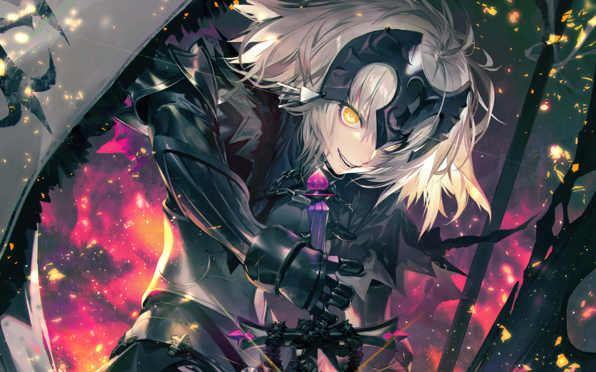 Fate/Grand Order 桌布 壁紙 — 一位銀髮動漫戰士身穿黑色盔甲，在熾熱的宇宙背景下揮舞著發光的劍。