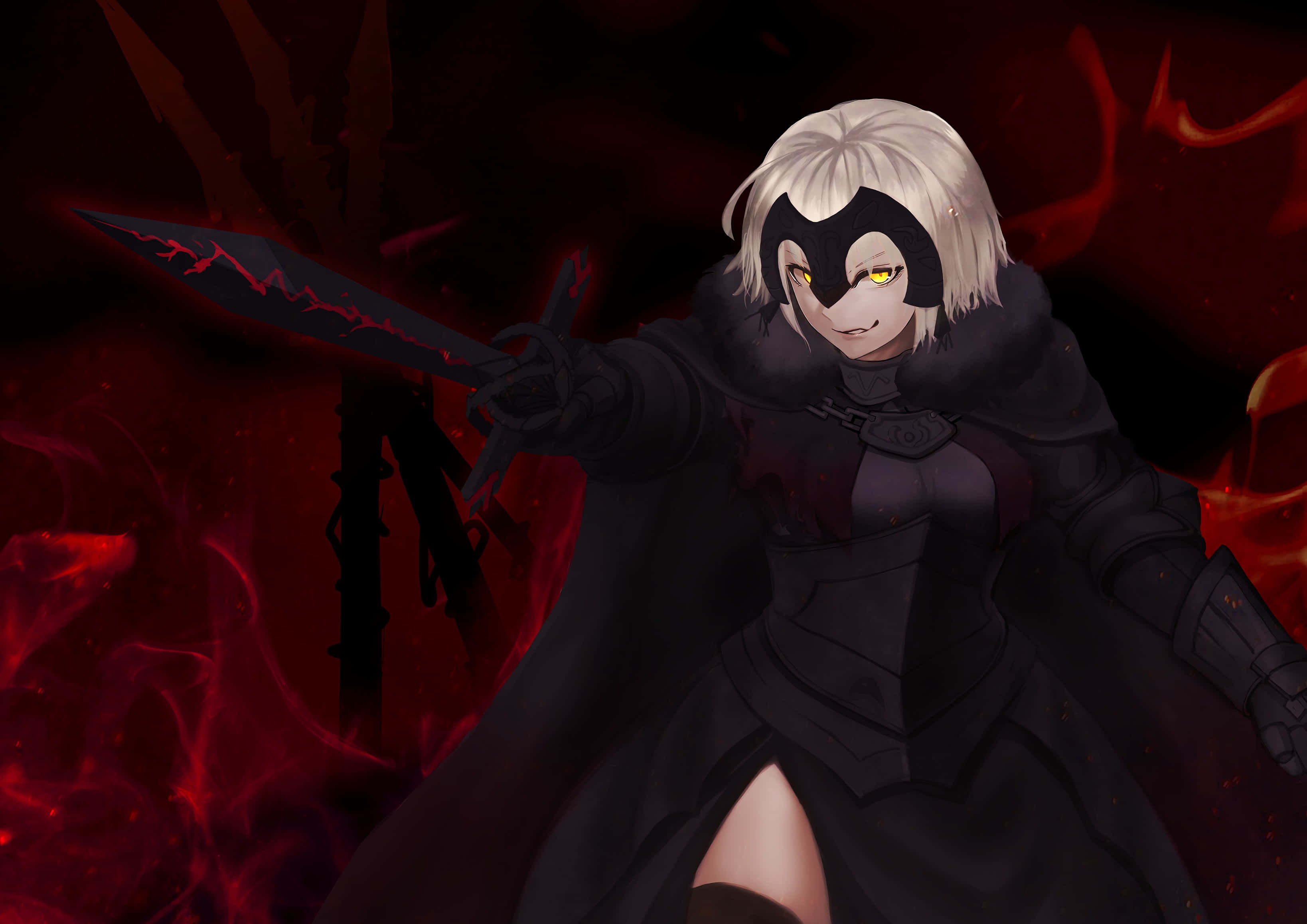 Fate/Grand Order 桌布 壁紙 — 一位銀髮動漫戰士身穿黑色盔甲，在旋轉的深紅色背景中揮舞著發光的紅色劍。
