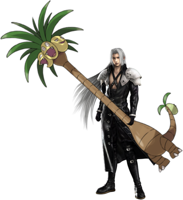 Sephiroth 桌布 壁紙 — 一位銀髮動漫戰士身穿黑色盔甲，揮舞著一根頂端有尖叫綠色生物的巨杖。