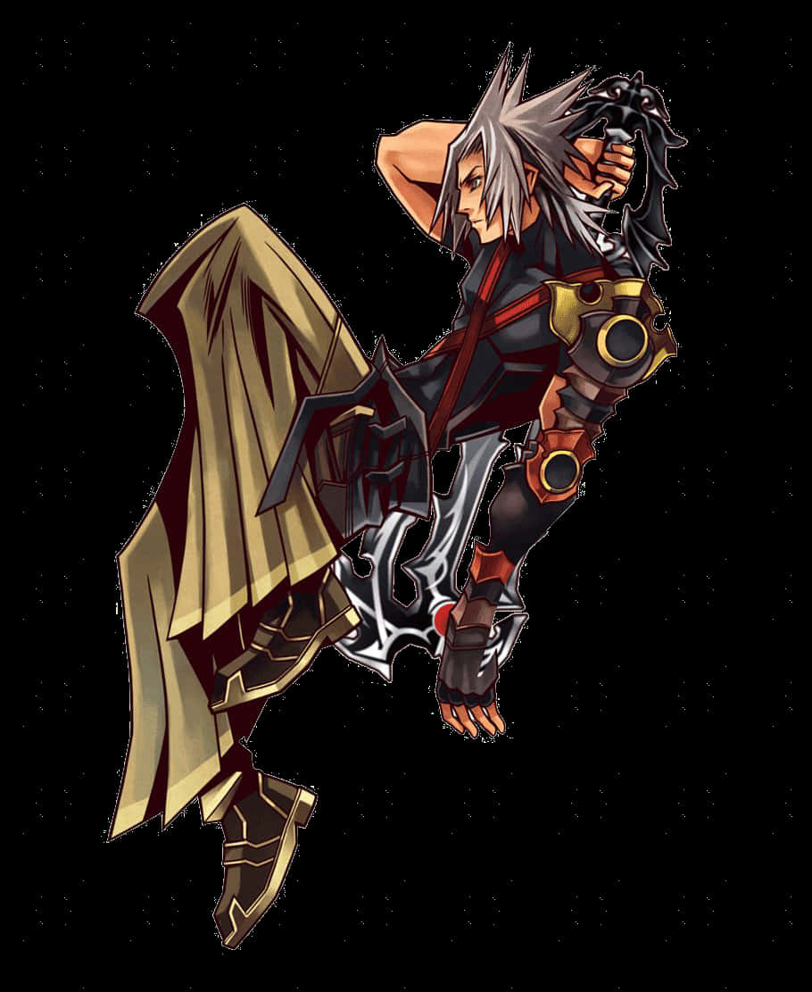 Kingdom Hearts Terra 桌布 壁紙 — 一位銀髮動漫戰士身穿黑色盔甲和金色披風，在佈滿星空的黑色虛空中動態跳躍，手持一把巨大的華麗鑰刃。