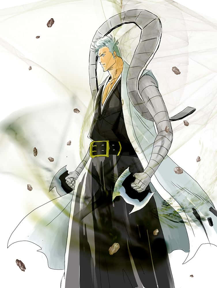 Kensei Muguruma 桌布 壁紙 — 一位銀髮動漫戰士身穿黑色長袍，揮舞兩把彎曲的劍，一條巨蛇在他身後盤繞在浮石之間。