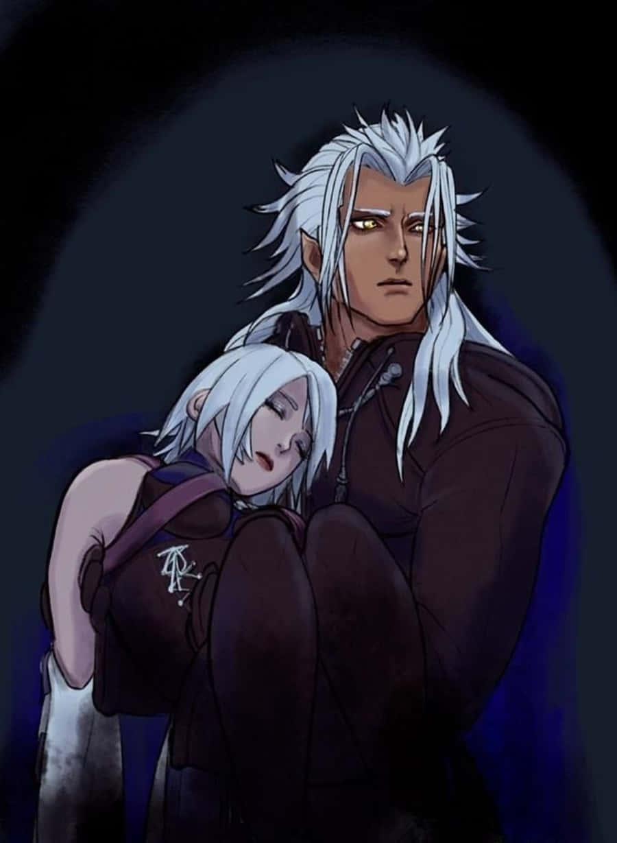 Kingdom Hearts Xemnas 桌布 壁紙 — 一位銀髮動漫男子在戲劇性的藍色燈光下，以黑暗、憂鬱的擁抱抱著一位熟睡的女子。